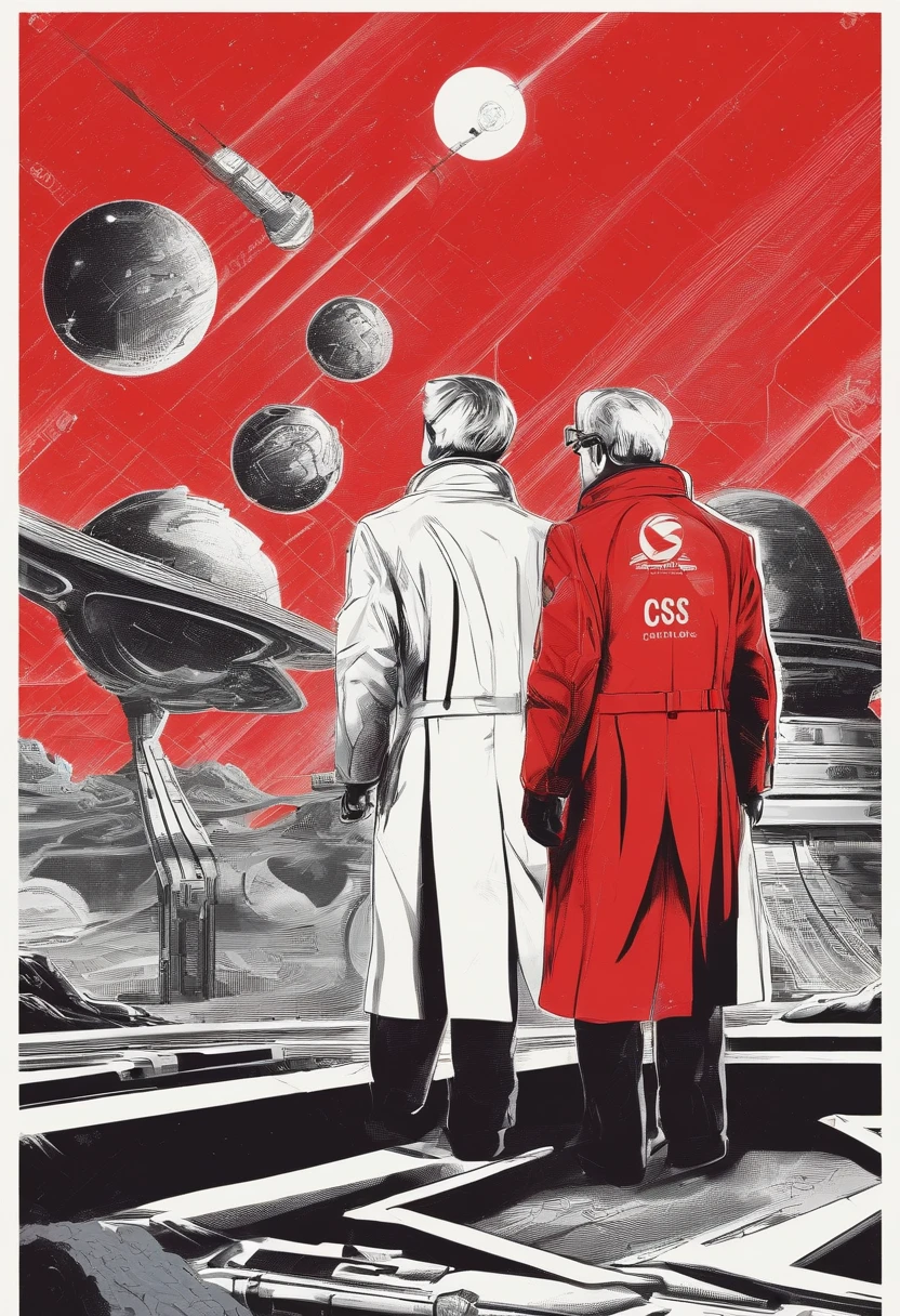 Scientists in science coats turn their backs to us,looking at the stars,hard core,Technologie,Red monochrome,USSR Poster,urss,Communism