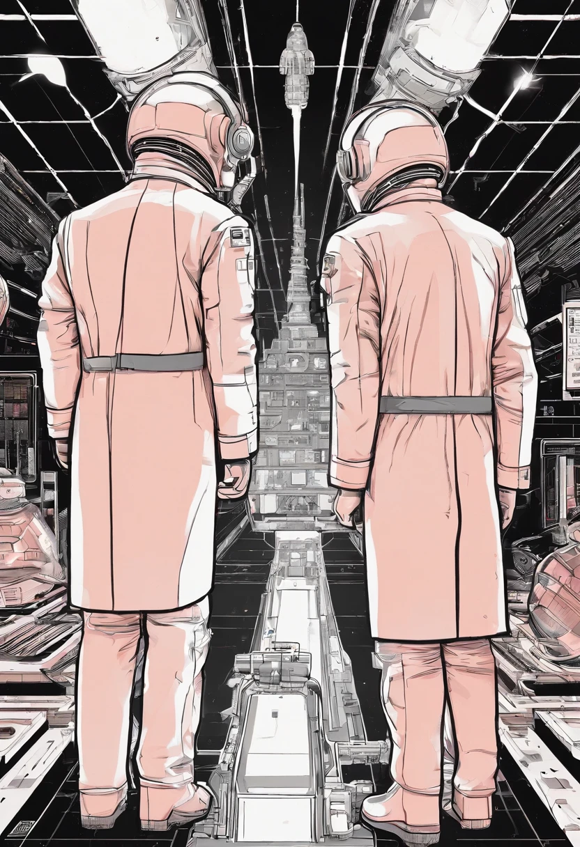 Scientists in science coats turn their backs to us,looking at the stars,hard core,Technologie,Red monochrome,USSR Poster,urss,Communism