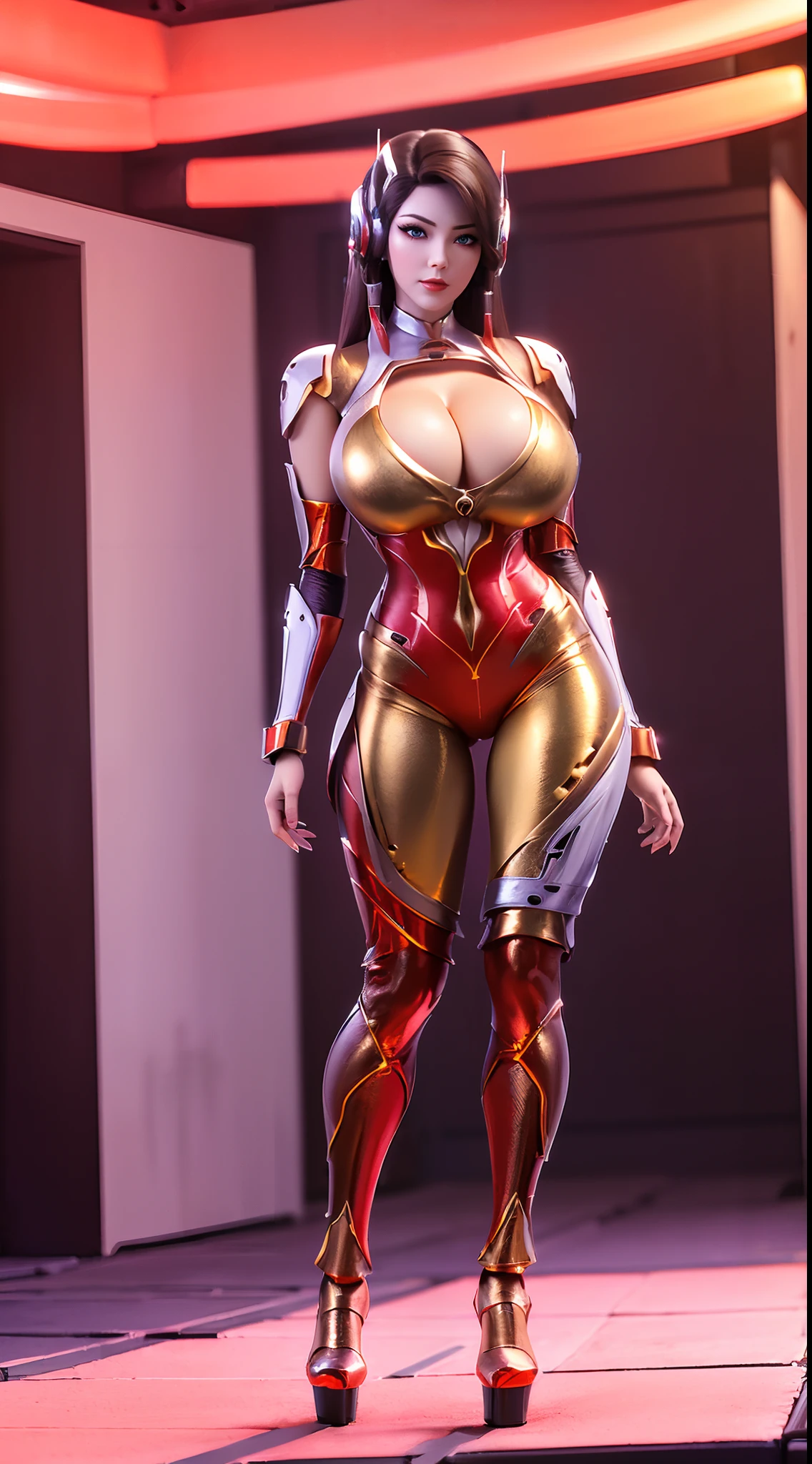 (1GIRL, ALONE, SOLO), (super detailed face), (black hair: 0.8), ((Phoenix Headwear)), (BIG BUTTOCKS, 11 LINE ABS, CLEAVAGE, HUGE FAKE BREASTS:1.5), (GOLD MECHA GUARD ARM:1.3), (RED SHINY MECHA CYBER ARMORED, PURPLE MECHA SKINTIGHT SUIT PANTS, MECHA GUARD ARMOR LEGS, HIGH HEELS:1.5), (THICC MUSCULAR FEMALE BODY, GLOWING SKIN, LONG LEGS:1.1), (LOOKING AT VIEWER:1.3), (female focus:0.886), (WALKING DOWN HALLWAY OF FUTURISTIC SPACE STATION:1), (BRIGHT LIGHT ROOM:1.5), SUPER TEXTURE, UNREAL ENGINE RENDER, PHYSICALLY-BASED RENDERING, ULTRA HIGHT DEFINITION, 16K, 1080P.
