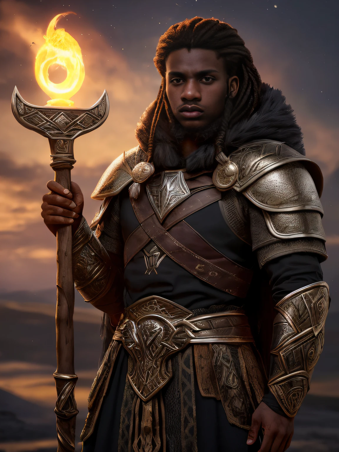 (alta qualidade: 1.3), Cinematic Still Shot, obra-prima, (foco nítido: 1.5), (fotorrealista: 1.3), medium portrait of (Um jovem guerreiro viking com pele morena, olhar cansado, mas ainda orgulhoso e feroz, now the leader of his village , vestido com cota de malha elaboradamente detalhada e armadura de couro, algumas tochas queimam nas paredes, giving the scene a somber atmosphere, but sculpting the shapes in crisp chiaroscuro), it is night time, (pele altamente detalhada), (rosto detalhado), fundo detalhado, dark ilumination, twilight lighting, volumeric lighting, detalhes complexos, UHD,