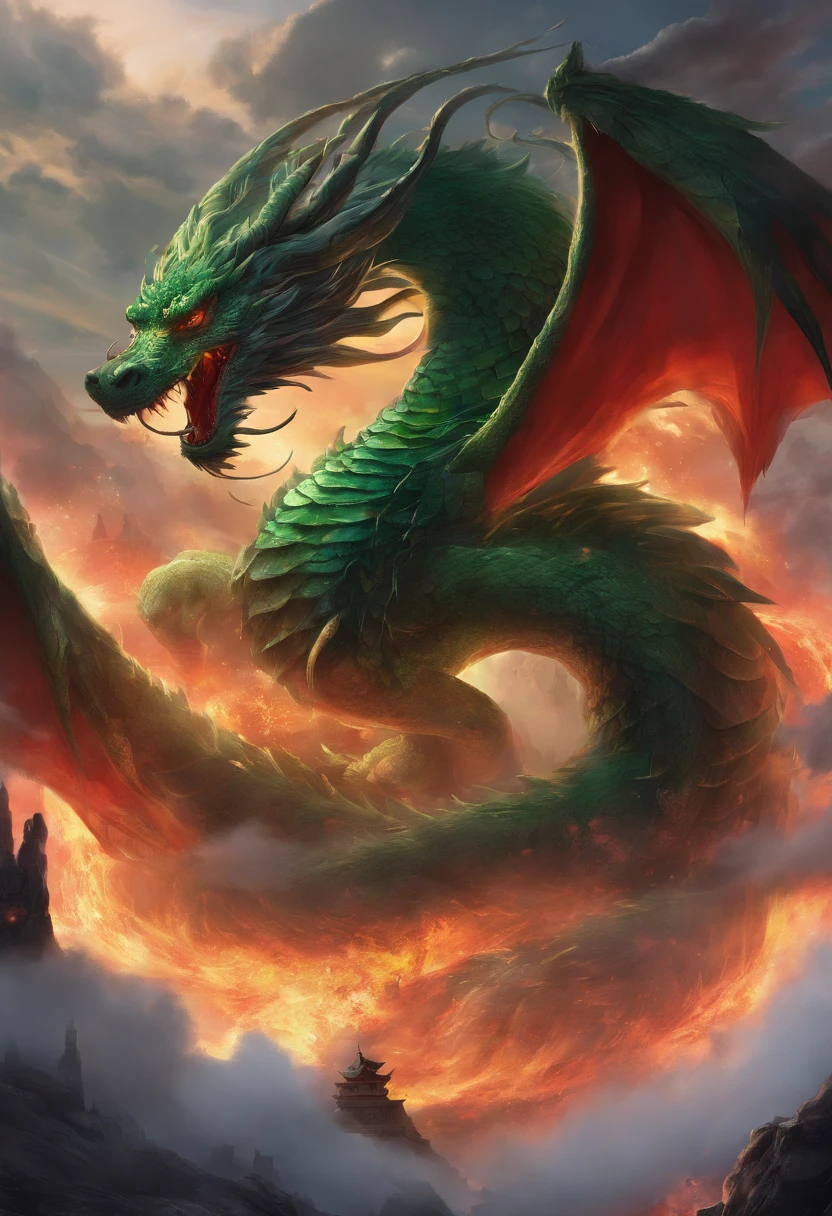 Chinese mythology,Chinese Green Dragon,tosen,Ferocious,immensity,Eyes glow red,glow effect,Surrounded by clouds,Thick clouds,buliding,中景 the scene is,Full body like, Highly detailed surreal VFX,OC rendering,Blowing fire through the mouth、long tail、sharp claws、Live Action、32k