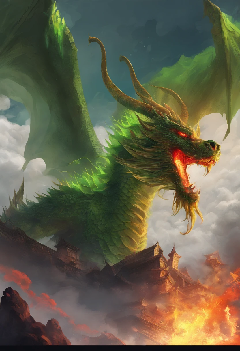 Chinese mythology,Chinese Green Dragon,tosen,Ferocious,immensity,Eyes glow red,glow effect,Surrounded by clouds,Thick clouds,buliding,中景 the scene is,Full body like, Highly detailed surreal VFX,OC rendering,Blowing fire through the mouth、long tail、sharp claws、Live Action、32k