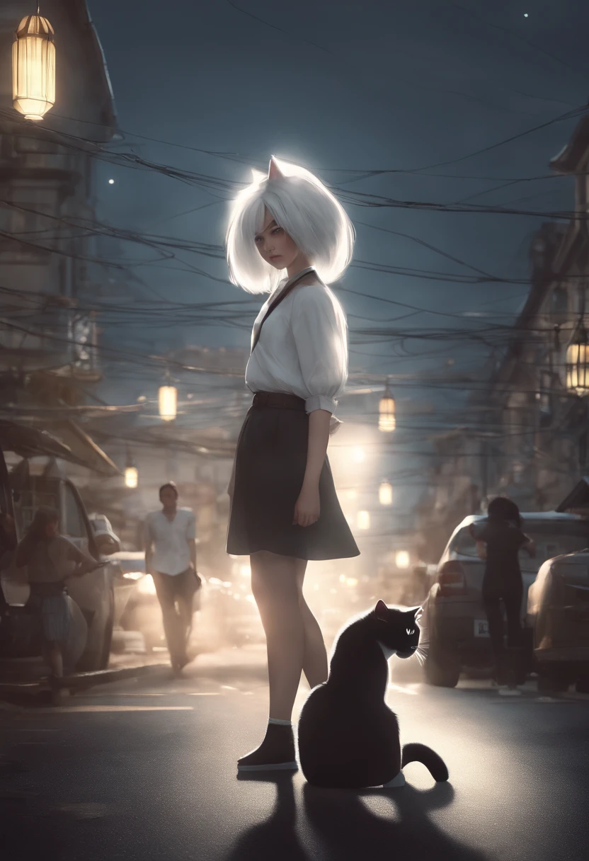 1girl, ebenya, looking at viewer, white hair, neko, cat ears, cat tail, white shirt, open clothes, russian city, ba-shiroko