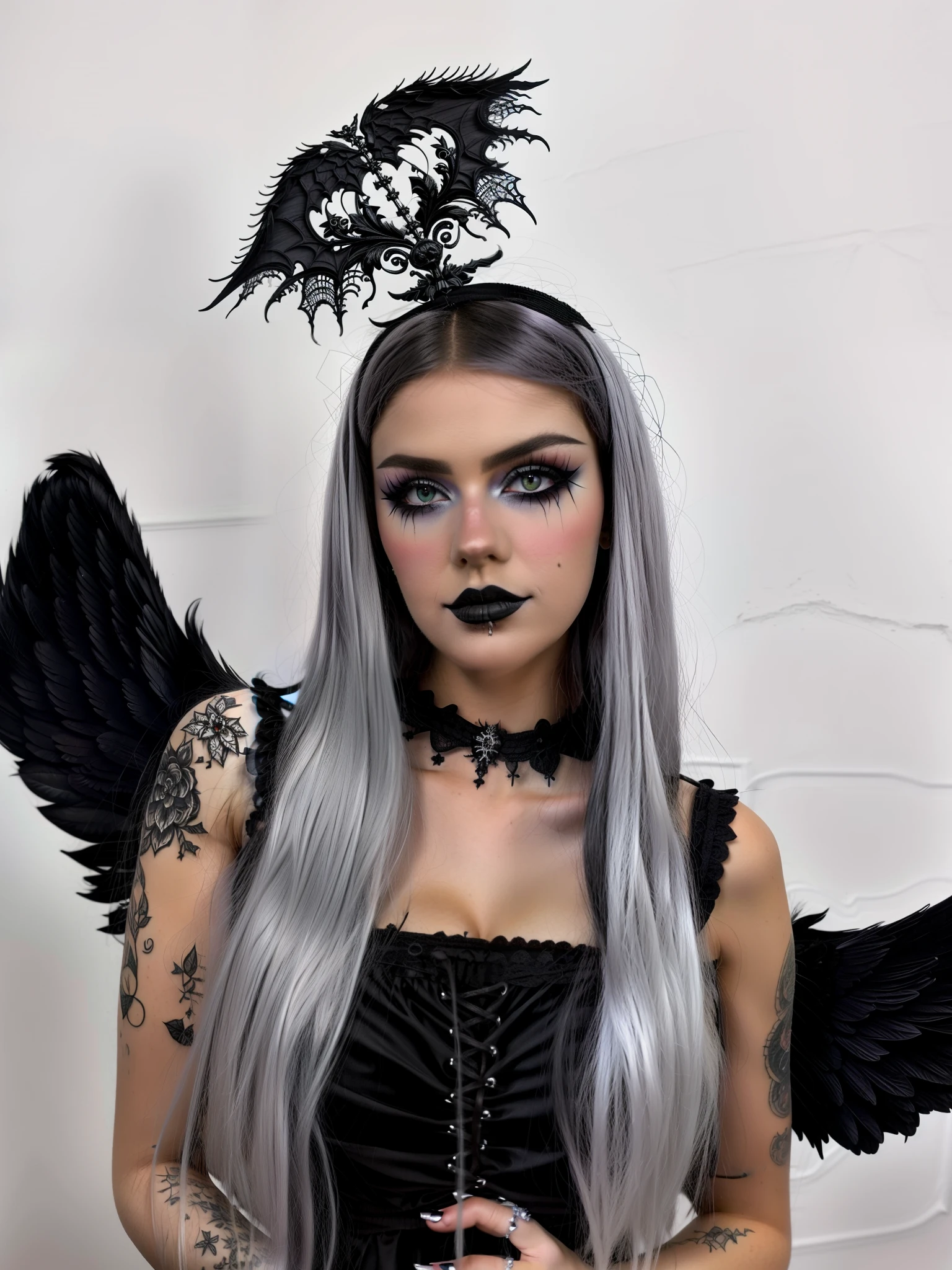 HighestQuali，tmasterpiece：1.2，Detailed details，1 Gothic girl，black ，an angel dressed in black on a white background, in the style of cluj school, flowerpunk, halloween, social media portraiture, high quality photo, quito school, honeycor，