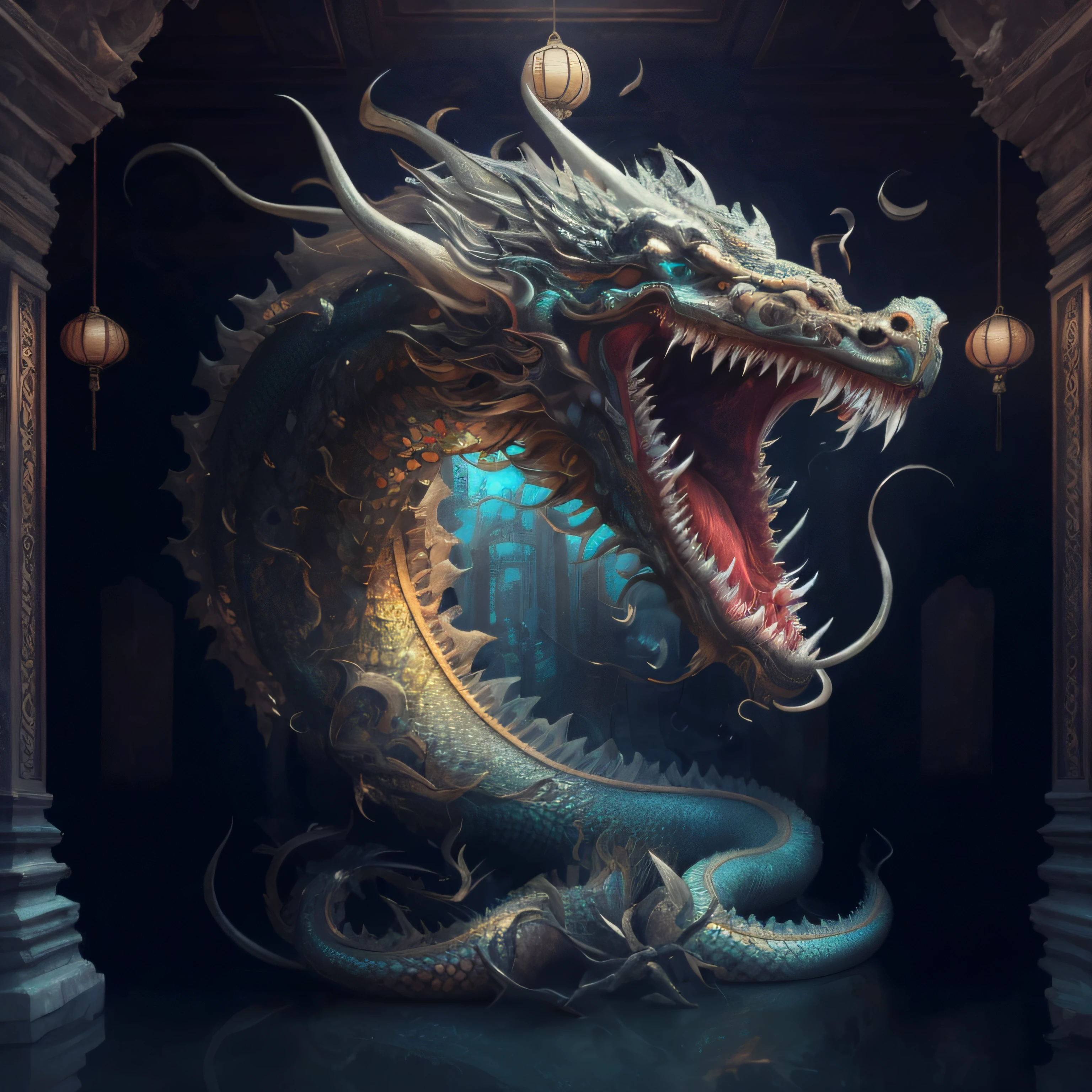 : "A graceful Indian dragon with an elegant, serpentine body and intricate patterns inspired by traditional Indian art. It has a calm, wise expression and is surrounded by ornate temple architecture and lush gardens with lotus flowers."dangerous looking horror realistic super realistic dangerous background 