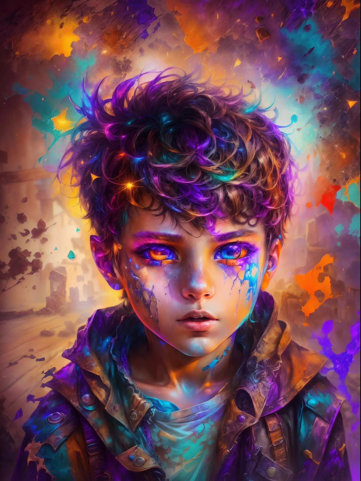 (digital art), (pop art), (phenomenal art), (gorgeous desinger+extreme quality:1.4), (HDR+), light painting, vibrant colors, masterpiece art, a boy with multicolored eyes, with different colors, both with vibrant colors, different, heterochromia, highlighted eyes, different colors, (Wlop's rustic art scene background:1.5)