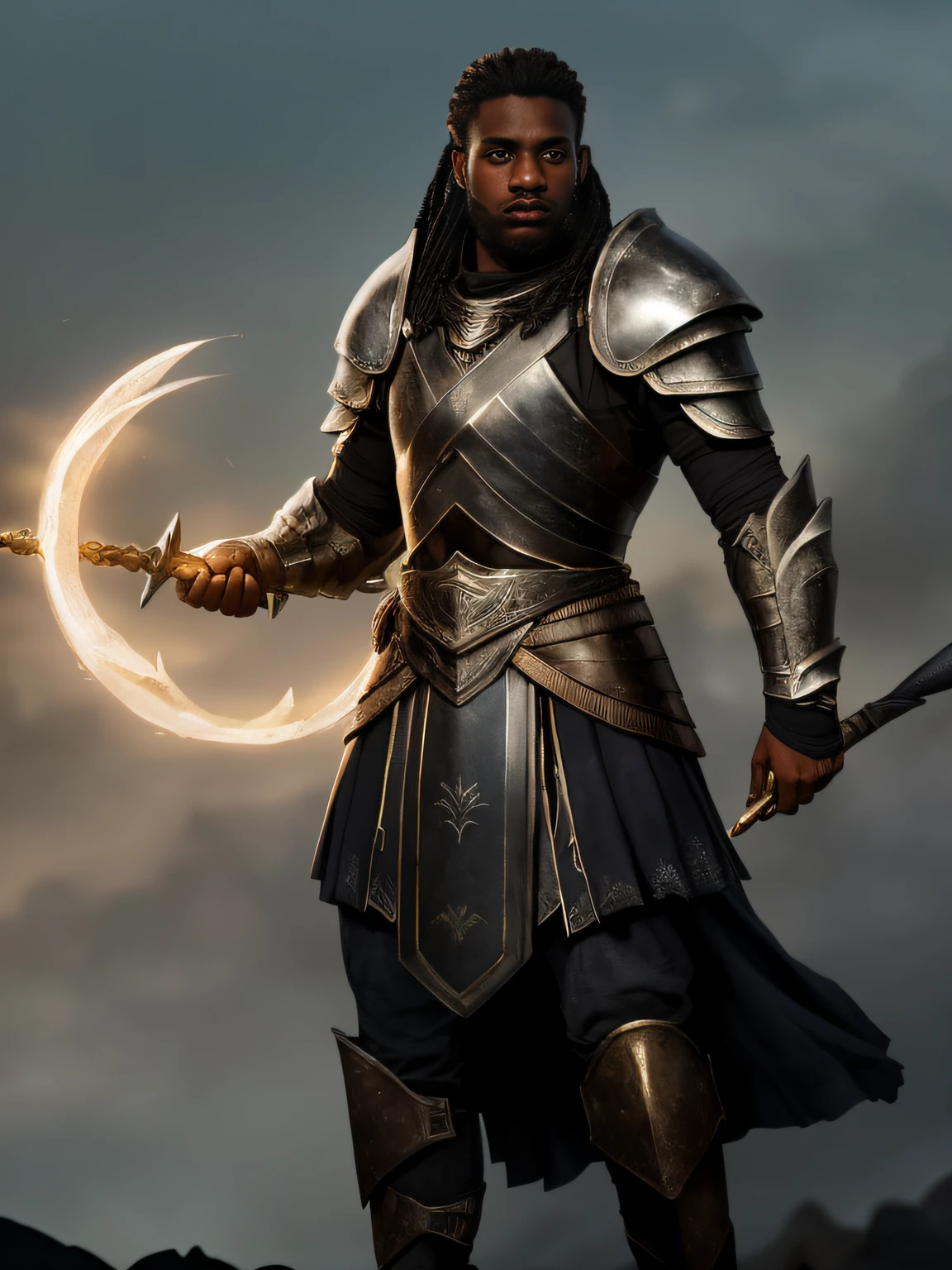 (Alta qualidade: 1.3), Cinematographic shot, obra-prima, (foco nítido: 1.5), (fotorrealista: 1.3), Medium portrait of (a tired-looking young black Viking warrior, mas ainda orgulhoso e feroz, now the leader of his village , vestido com cota de malha elaboradamente detalhada e armadura de couro, algumas tochas queimam nas paredes, giving the scene a somber atmosphere, but sculpting the shapes in crisp chiaroscuro), it is night time, (pele altamente detalhada), (rosto detalhado), fundo detalhado, dark ilumination, twilight lighting, volumeric lighting, detalhes complexos, UHD,