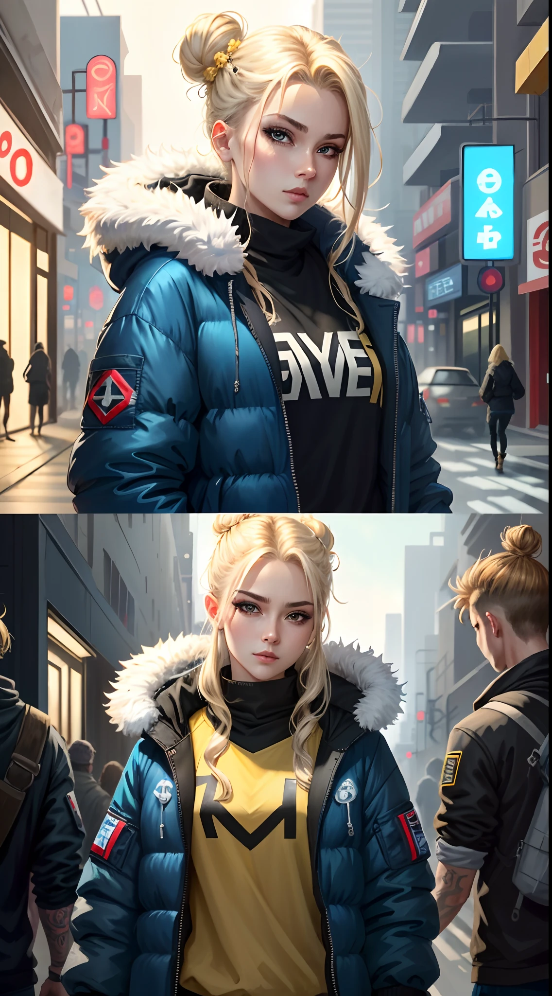 Visilena, Blonde hair with white tips in a braided bun, blue eye, great axe resting on shoulder, puffer jacket with fur on the hood, 1 eye closed, blue and yellow and black clothing, black eye liner, female, character concept art, cyberpunk, tacticle gear, tattoo that says "SlayerS"