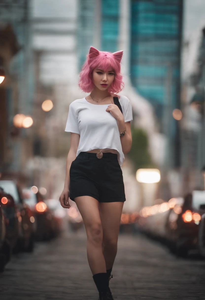 1girl, ebenya, looking at viewer, pink hair, neko, cat ears, cat tail, white shirt, open clothes, russian city, ba-shiroko