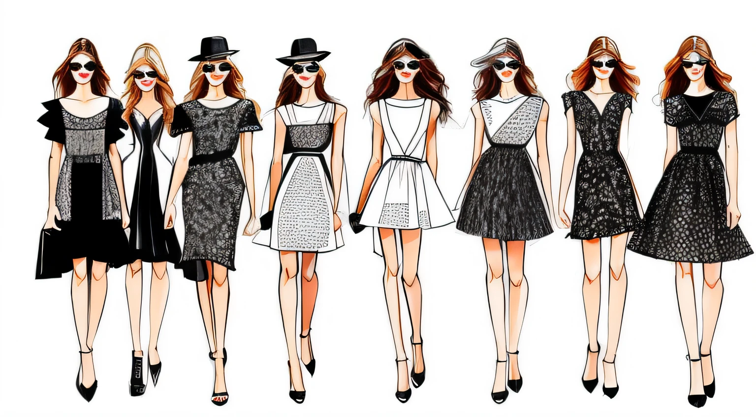 A group of 20 fashion model illustrations on a single page sketch only with modern cutline short dress