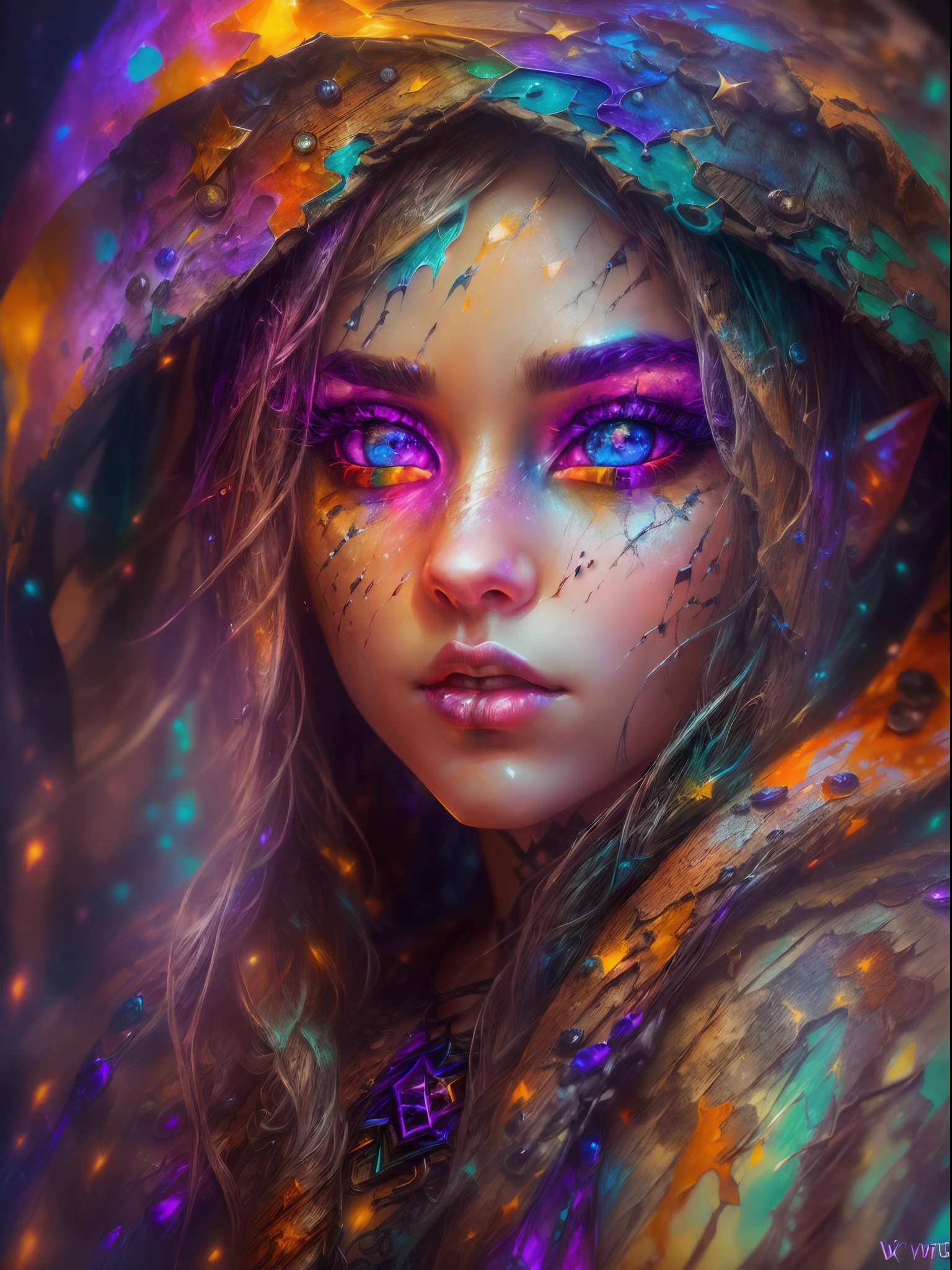(digital art), (pop art), (phenomenal art), (gorgeous desinger+extreme quality:1.4), (HDR+), light painting, vibrant colors, masterpiece art, a beautiful elf girl with multicolored eyes, with different colors, both with vibrant colors, different, heterochromia, highlighted eyes, different colors, (Wlop's rustic art scene background:1.5)
