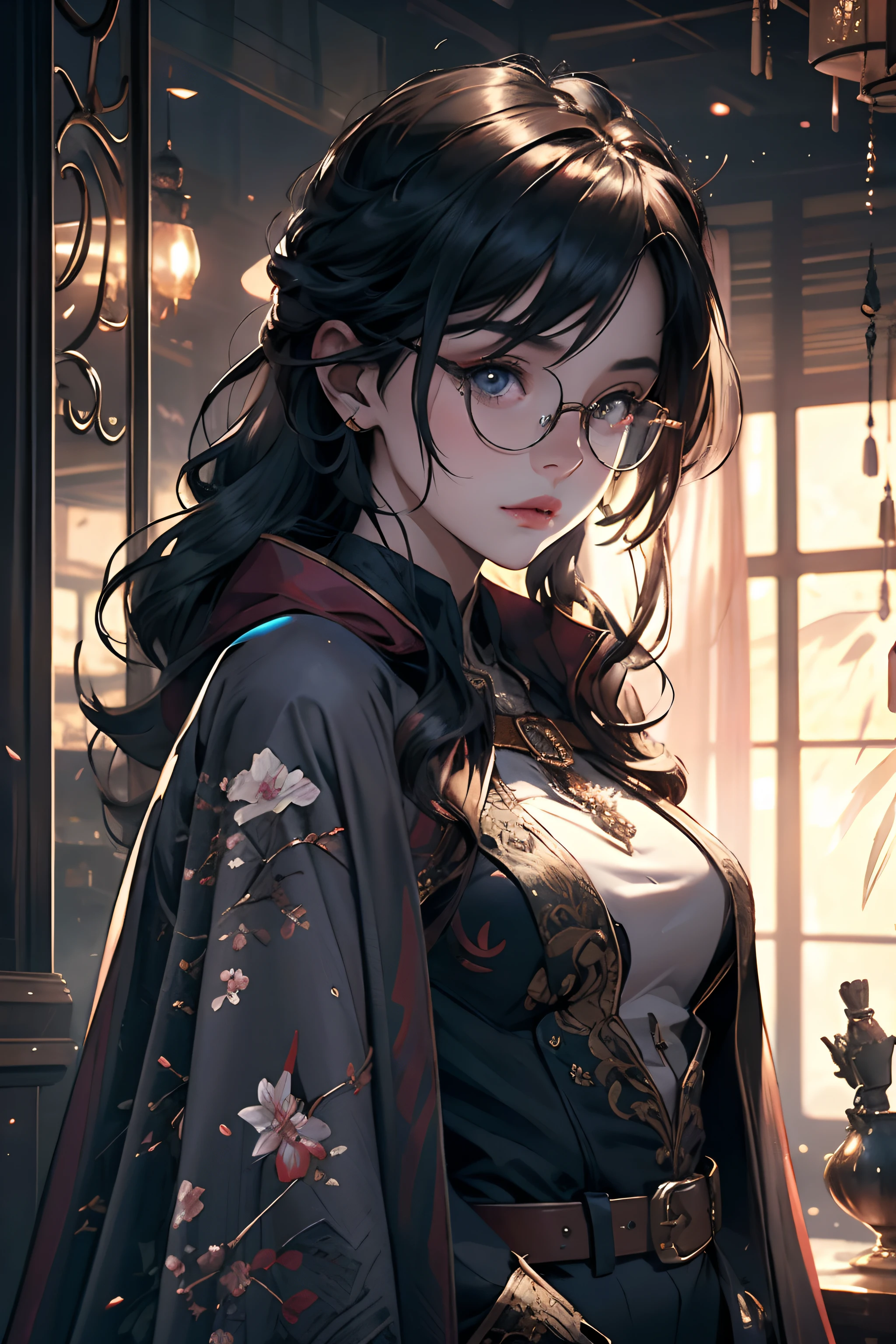 Beautiful portrait of Hengiet, 1girll, Solo, Jacket, Glasses, Cape, paradis_Military_uniform, voluminetric lighting, Best quality, Masterpiece, Intricate details, Tone-mapping, Sharp focus, ultra - detailed, trending on artstationh,