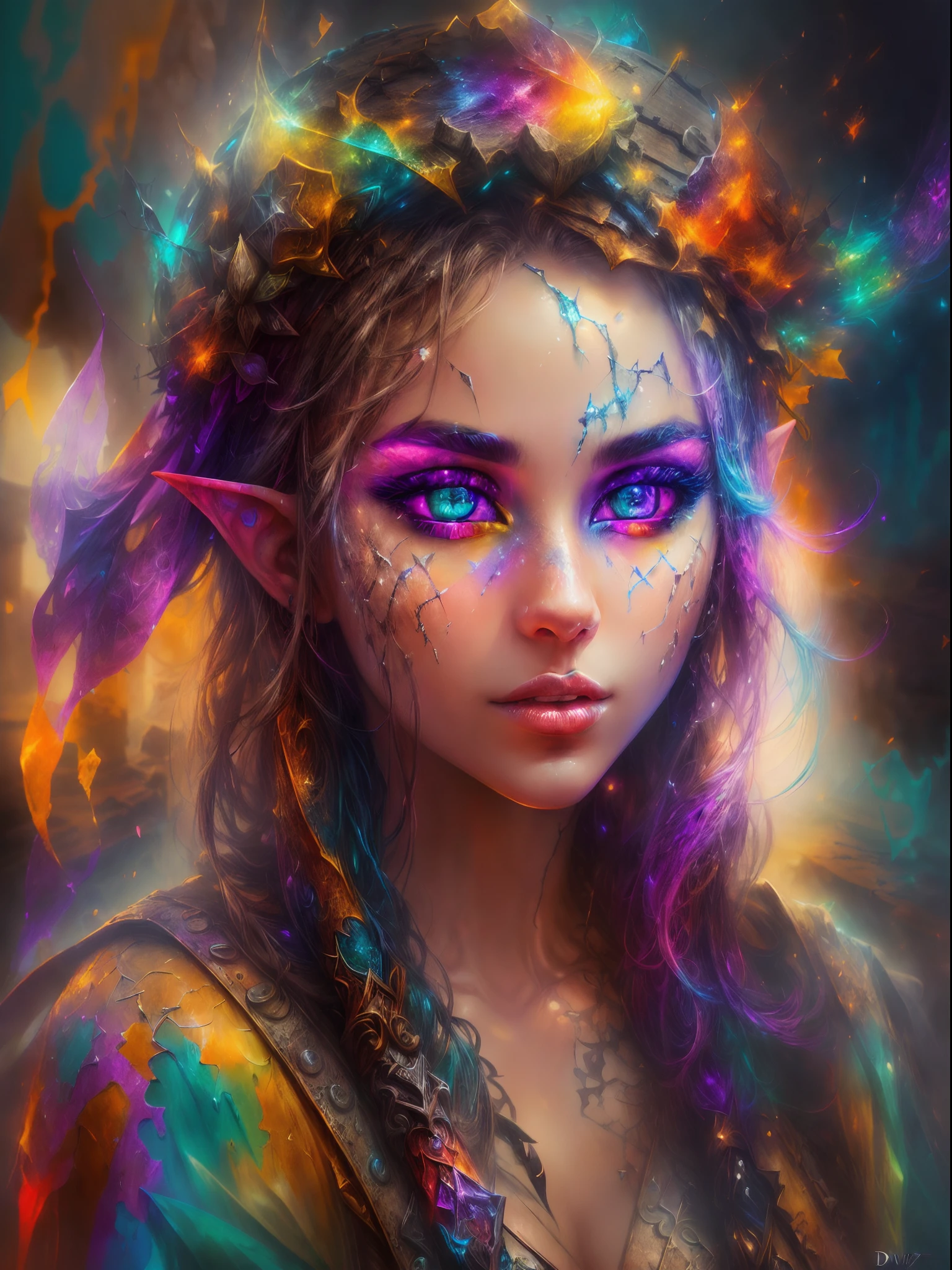 (digital art), (pop art), (phenomenal art), (gorgeous desinger+extreme quality:1.4), (HDR+), light painting, vibrant colors, masterpiece art, a beautiful elf girl with multicolored eyes, with different colors, both with vibrant colors, different, heterochromia, highlighted eyes, different colors, (Wlop's rustic art scene background:1.5)