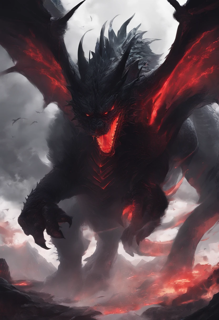 Black Dragon，tosen，Ferocious，immensity，Eyes glow red，glow effect，Surrounded by clouds，Thick clouds，buliding，中景 the scene is，Full body like， Highly detailed surreal VFX，OC rendering，Blowing fire through the mouth、long tail、sharp claws、Live action、32K、red eyes