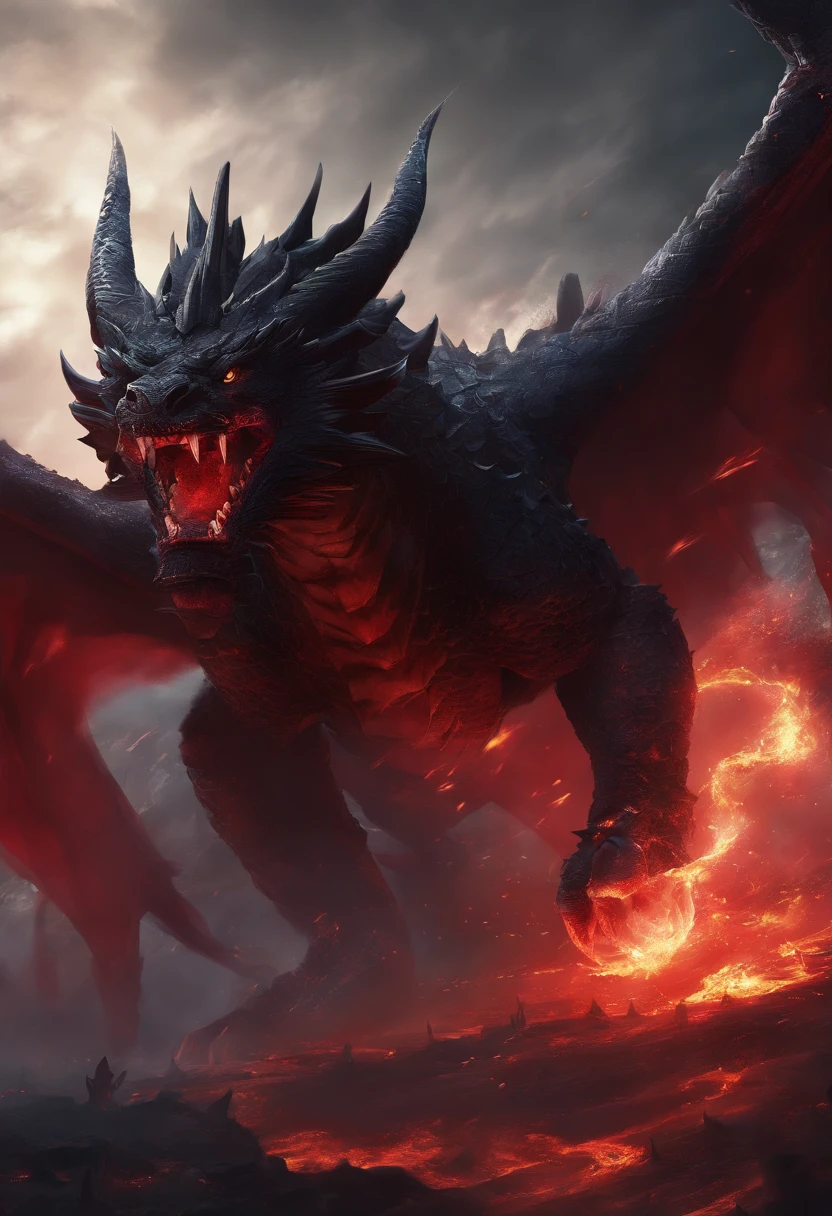 Black Dragon,tosen,Ferocious,immensity,Eyes glow red,glow effect,Surrounded by clouds,Thick clouds,buliding,中景 the scene is,Full body like, Highly detailed surreal VFX,OC rendering,Blowing fire through the mouth、long tail、sharp claws、Live action、32K、red eyes