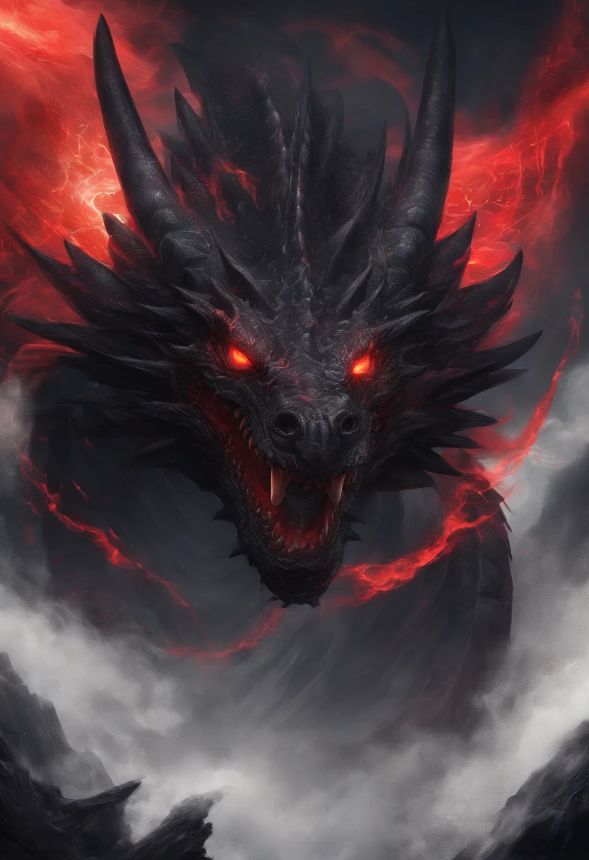 apocalyptic portrait painting of an evil black dragon, glowing red eyes, detailed scales, twisted horns, volcanic eruption in the background