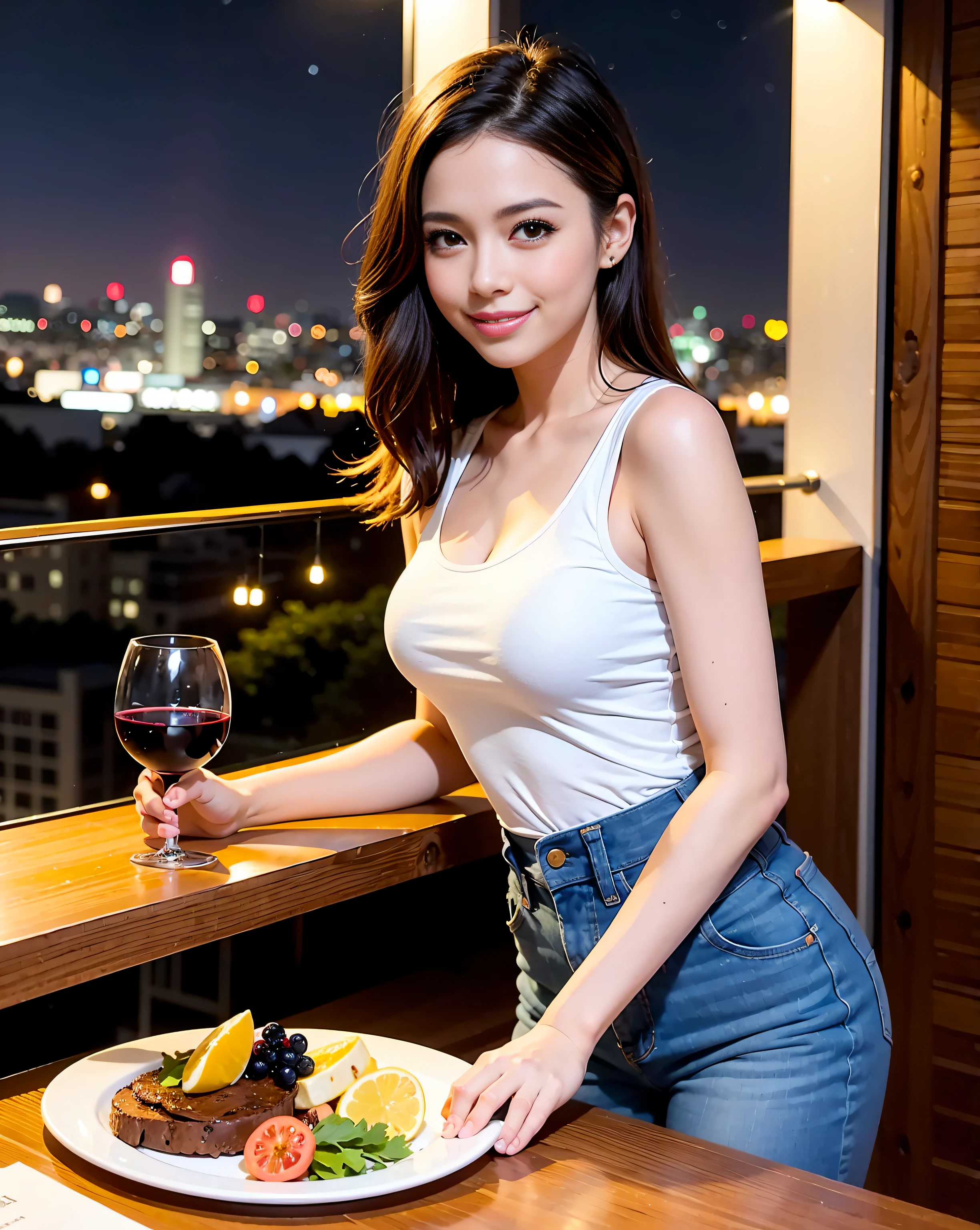 (64K, UHD, top quality, masterpiece: 1.2), (realistic, photorealistic: 1.37), super detailed, pretty woman 1, (slim face), (slim body), (brown hair), (short cut), cheeks slightly blushing, (40 years old), 38 years old, solo, beautiful detailed urban night view outside the window, restaurant, wine glass sitting, at night, in a prominent place (from the waist up) NovaFrogStyle, Actress, Model, Waist Up, White Wine, Slim, Wine Glass, Super Clean Night View, Wine Glass Put in the Middle, Happy Smile, (Smile: 1.15), Beautiful Fine Eyes, Upper Body, Bust Japan Up, Night, Short, Short, Actress, Model, Waist Up, White Wine, Slim, Wine Glass, Super Clean Night View, Wine Glass Put in the Middle, Happy Smile,