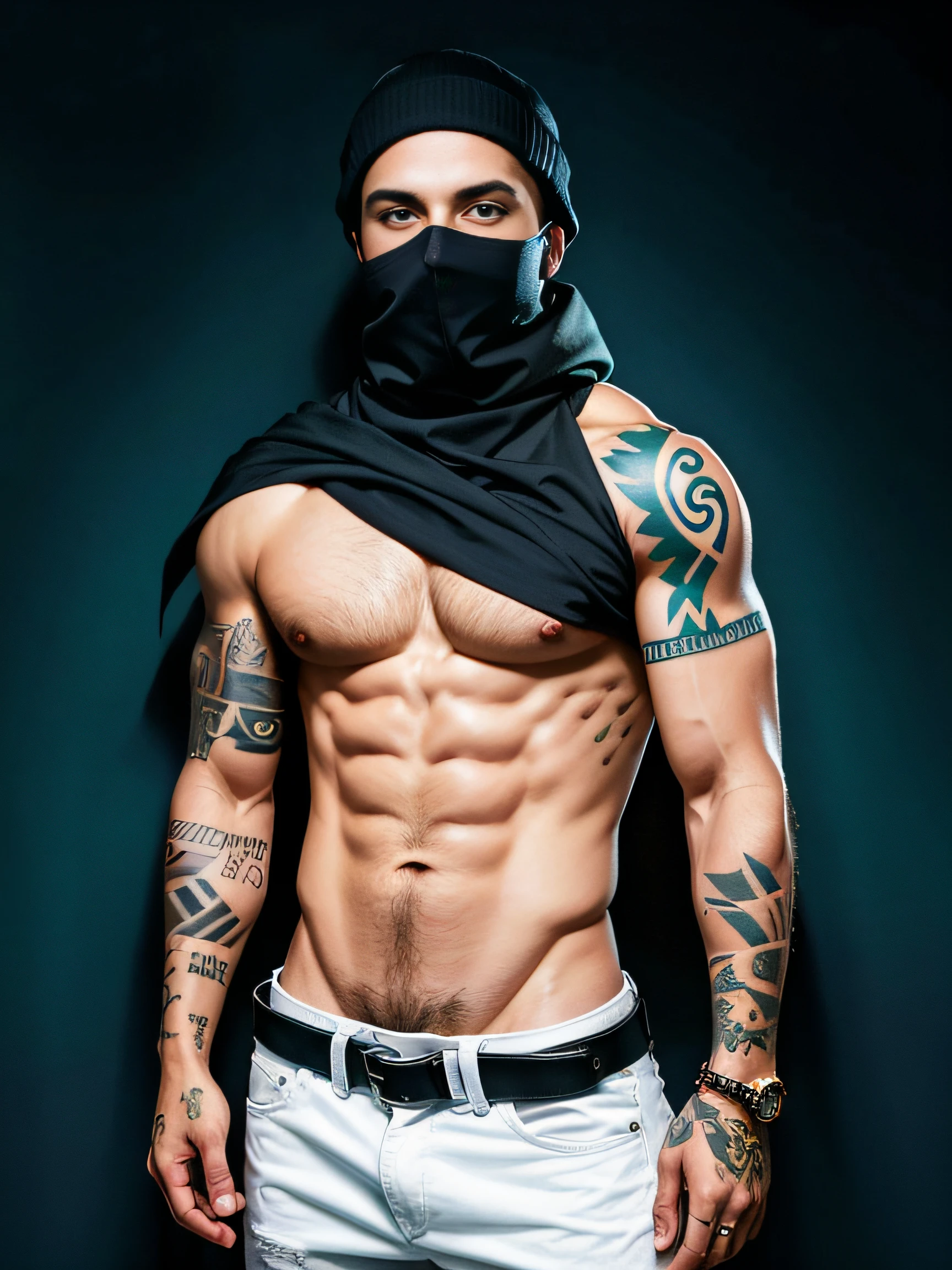 solid color backdrop,One person wearing a ski mask(Without a hat!!!),Handsome,rogue,Sense of oppression,Full body photo,Don't take a headshot,Punk head,Hair color is white,Upper body nudity,Tattooed with,Muscular,rule 34