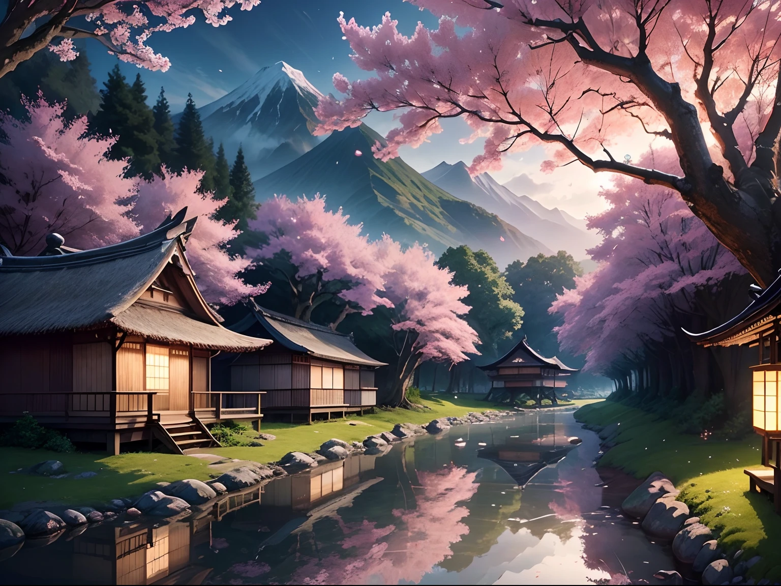 In a world where technology and nature coexist, a serene anime landscape unfolds before your eyes. Towering, ancient cherry blossom trees form a lush forest, their delicate pink petals gently falling in the breeze. The clear blue sky overhead serves as a canvas for the sun's golden rays, casting a warm, ethereal glow over the land. A winding river meanders through the landscape, its crystal-clear waters reflecting the vibrant colors of the surroundings. In the distance, a traditional Japanese village with thatched-roof houses and lantern-lit streets exudes a sense of timeless tranquility. As the day transitions into evening, fireflies emerge, creating a magical dance of light in this enchanting anime world.