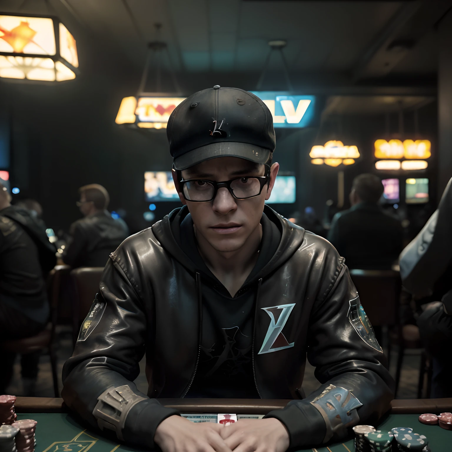 Young man with cap look to camera, hoddie, (a young man sitting at the casino table:1. 2), (dining room in the background:1. 2), (photorealistic: 1. 2), symmetrical, crystal clear, accurate, cinematic, photography, realistic, intricate detail, style art, perfect face, ultra sharp, highly detailed, highly accurate, awe-inspiring, sharp focus, dramatic light, 8k resolution, Realistic, Refined, (Dramatic Lighting: 1. 5), octane render, post production, cinema4D, glasses,, art by Derek Stenning, Gerald Brom, and Ashley Wood ((((Lora:LoraXLv.2)))), glasses, cyberpunk style, cyberpunk vibe, cyberpunk ambience, cyberpunk light