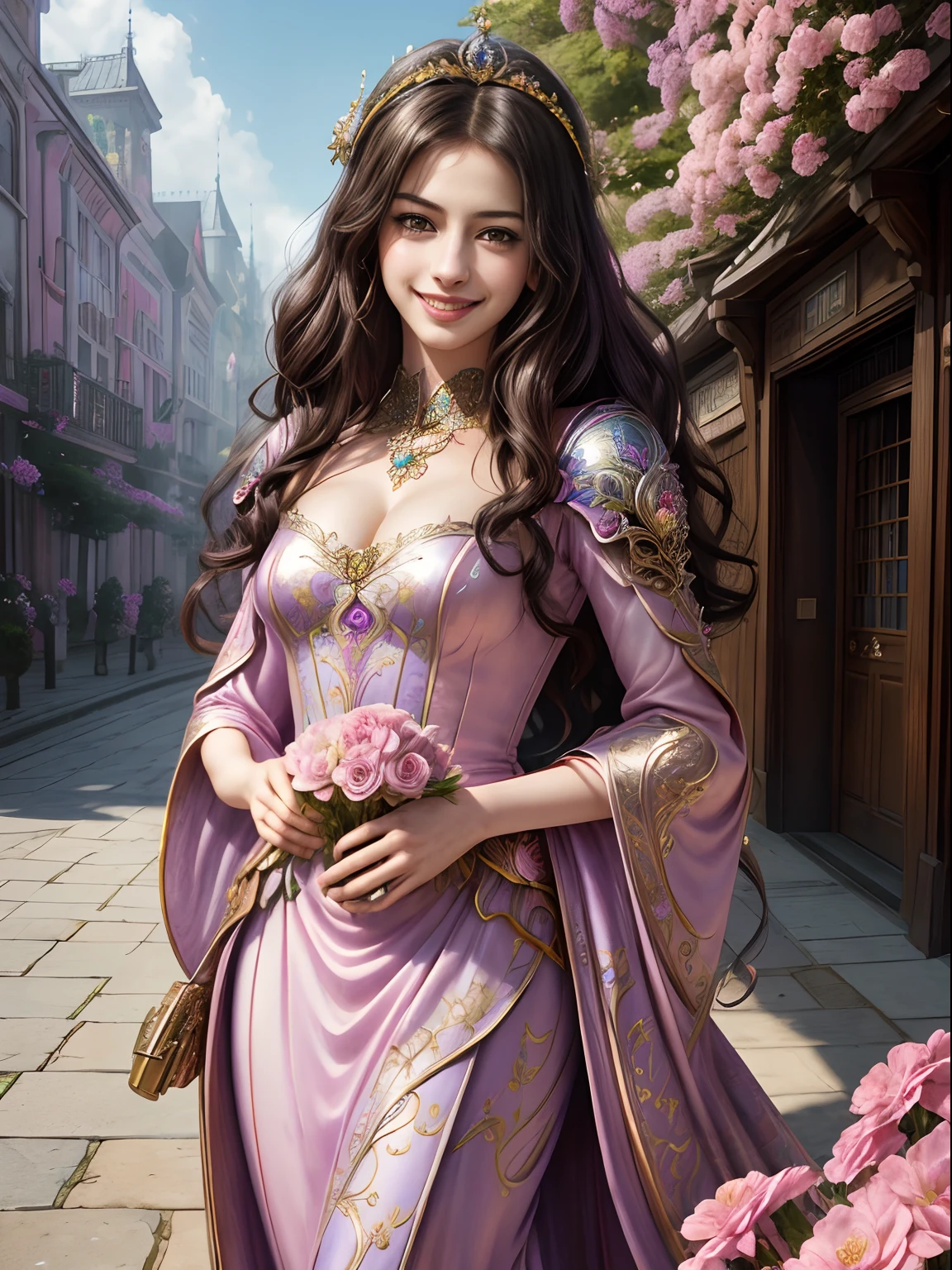 ((Huge smiling 0.3)) (((Anne Hathaway: Selena Gomez:0.8))) a woman in a pink dress is walking down a street, flowers everywhere, flowers behind, all around flowers, beautiful fantasy maiden, beautiful fantasy art, realistic fantasy artwork, fantasy woman, beautiful maiden, fantasy art style, digital fantasy art ), fantasy outfit, beautiful goddess, hyperrealistic fantasy art, fantasy dress, realistic fantasy illustration, beautiful alluring anime woman, a beautiful fantasy empress, intricate wlop, very beautiful fantasy art, ((( hyper detailed face))) ((( extremely beautiful))) ((( standing straight))) ((( looking at me)))