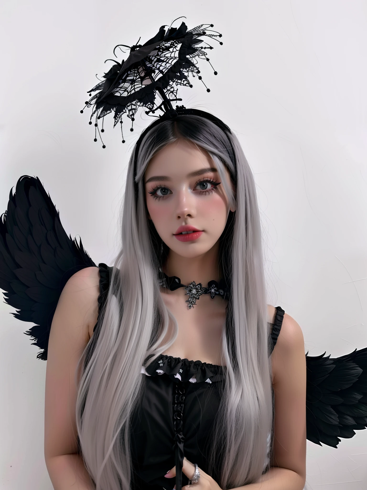 HighestQuali，tmasterpiece：1.2，Detailed details，1 Gothic girl，black ，an angel dressed in black on a white background, in the style of cluj school, flowerpunk, halloween, social media portraiture, high quality photo, quito school, honeycor，