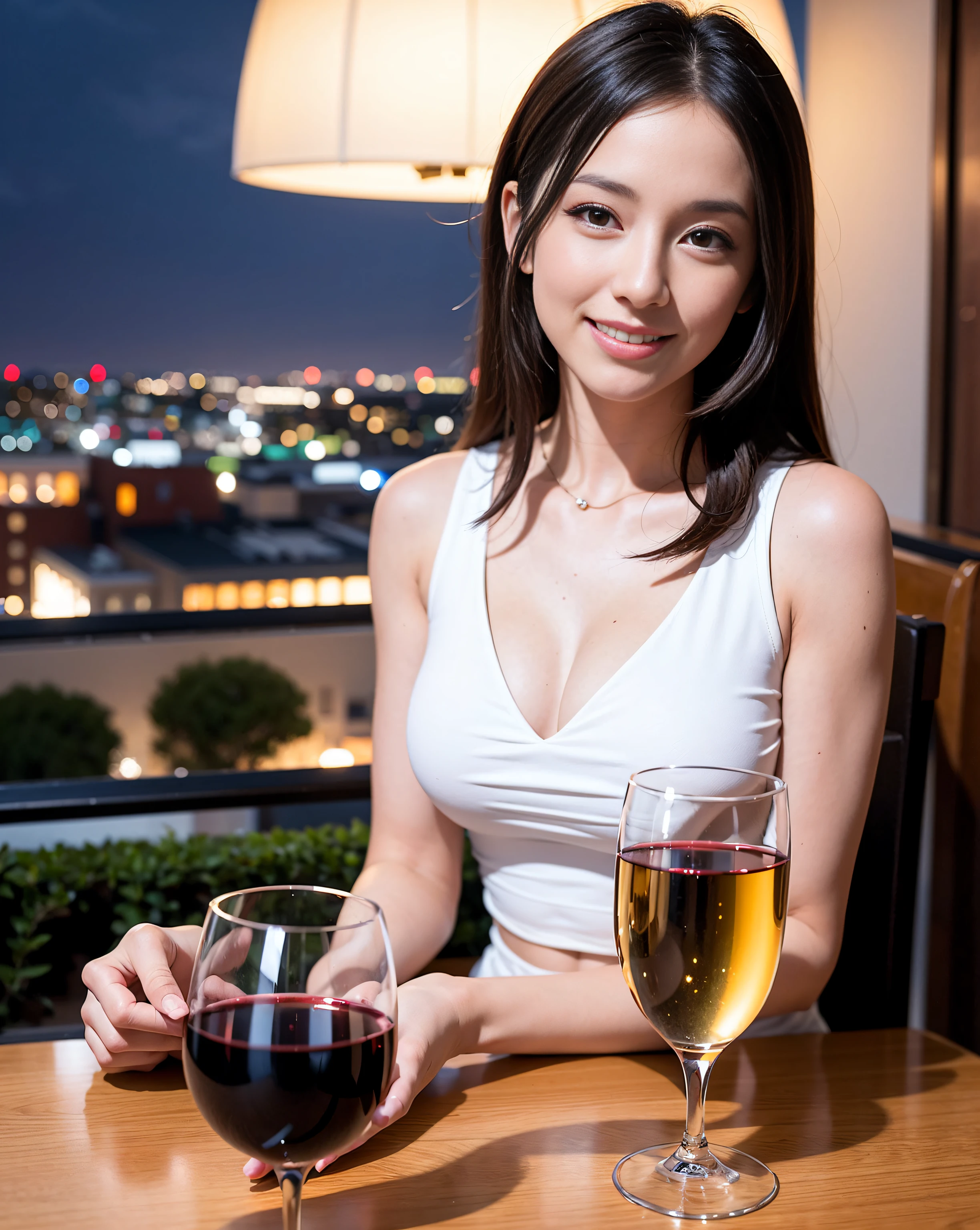 (64K, UHD, top quality, masterpiece: 1.2), (realistic, photorealistic: 1.37), super detailed, pretty woman 1 person, (slim face), (slim body), (brown hair), (short cut), cheeks slightly blushing, (44 years old), 38 years old, solo, beautiful detailed urban night view outside the window, restaurant, wine glasses sit, at night, in a prominent placeNovaFrogStyle, Actress, Model, Waist Up, White Wine, Slim, Wine Glass, Super Clean Night View, Wine Glass Put in the Middle, Happy Smile, (Smile: 1.15), Beautiful Fine Eyes, Upper Body, Bust Japan Up, Night, Short, Short, Actress, Model, Waist Up, White Wine, Slim, Wine Glass, Super Clean Night View, Wine Glass Put in the Middle, Happy Smile,