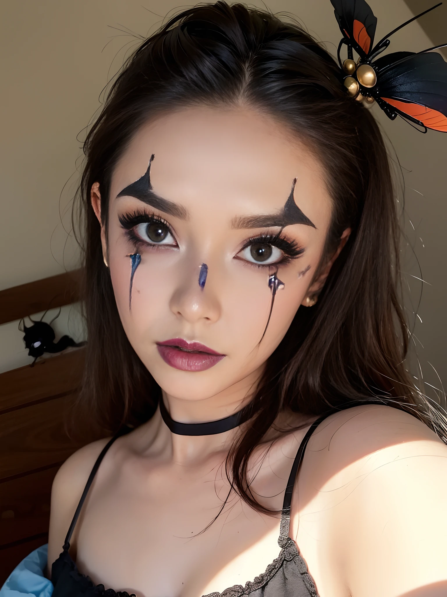 Halloween Makeup,a lady wearing a makeup with black and grey face paint on her face, in the style of fairy academia, snapshot aesthetic, trick of the eye paintings, light bronze and blue, made of insects, desertpunk, wrapped
