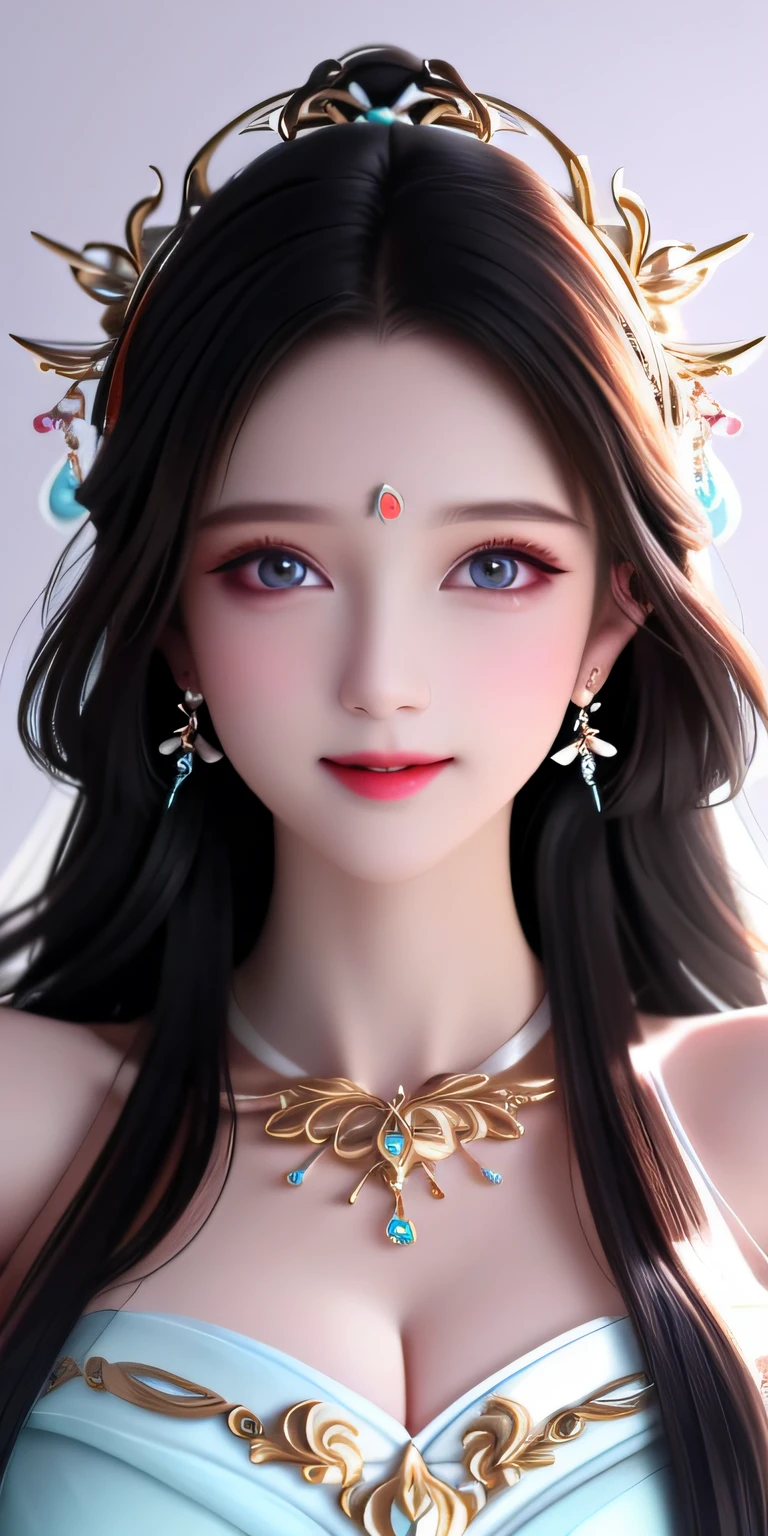 Best Quality, Masterpiece, High Resolution, 1girl, Clear Silk Porcelain Dress, Pretty Face, Hair Accessories, Look at the Audience, Smile, Close Mouth, Lips, Dress, Hair Accessories, Necklaces, Jewelry, Long Hair, Earrings, Beautiful Face, Body, Tindal Effect, Realism, Shadow Studio, Edge Lighting, Two-Color Lighting, (High Detail Skin: 1.2), 8k UHD, DSLR, Soft Light, High Quality, Volume Lighting, Photo, High Resolution 4K, 8k, Blurred Background