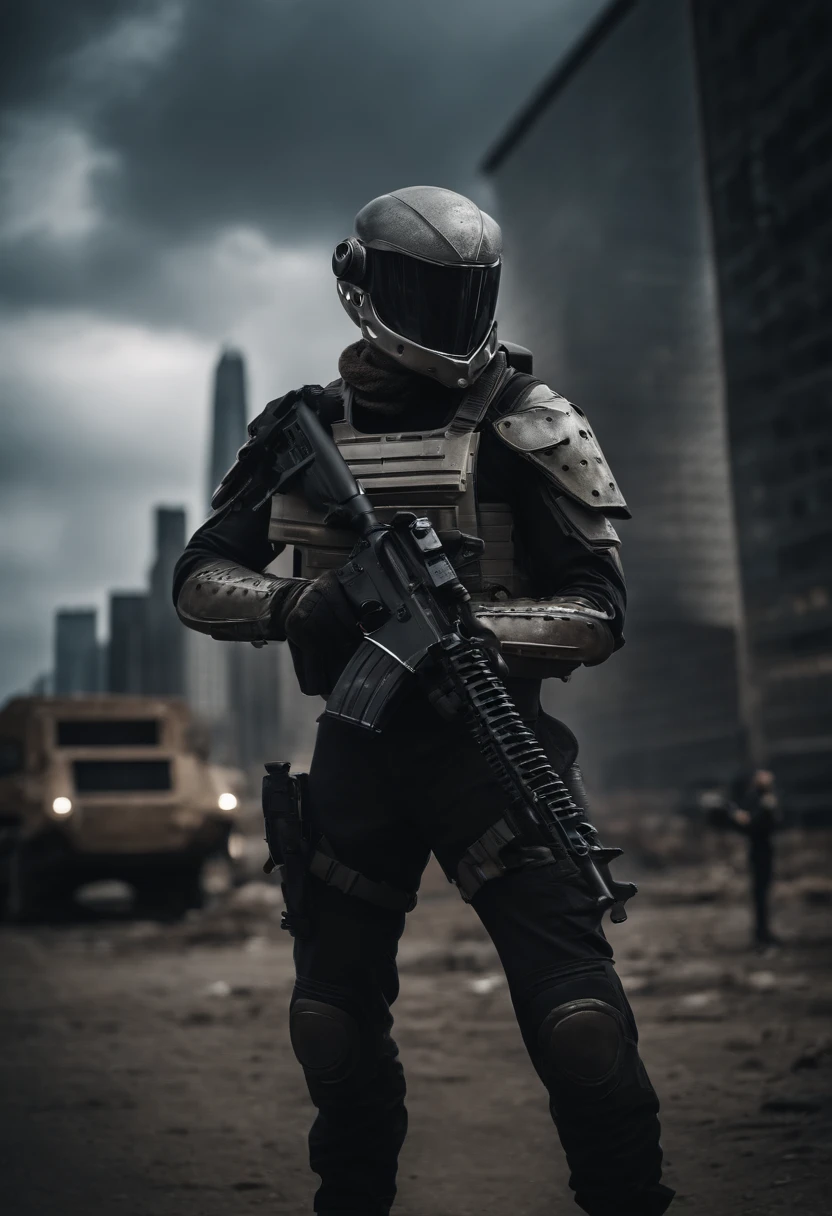 Post apocalyptic warrior portrait with alien, subjugated, post modern, dystopian, leather, steel body armors, cityscape, alien mothership, grey aliens, soldier, soldiers, commander, general, rifels, machine gun, scar on face, battle helmet, tall, sturdy, handsome.