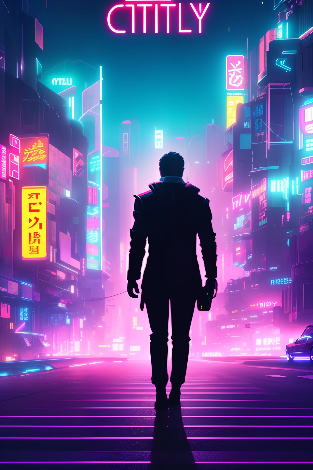 Movie Posters 8K Cyberpunk City A sexy jpn Ultra-realistic details neon color statue a smile youtuber 1人 silber hair