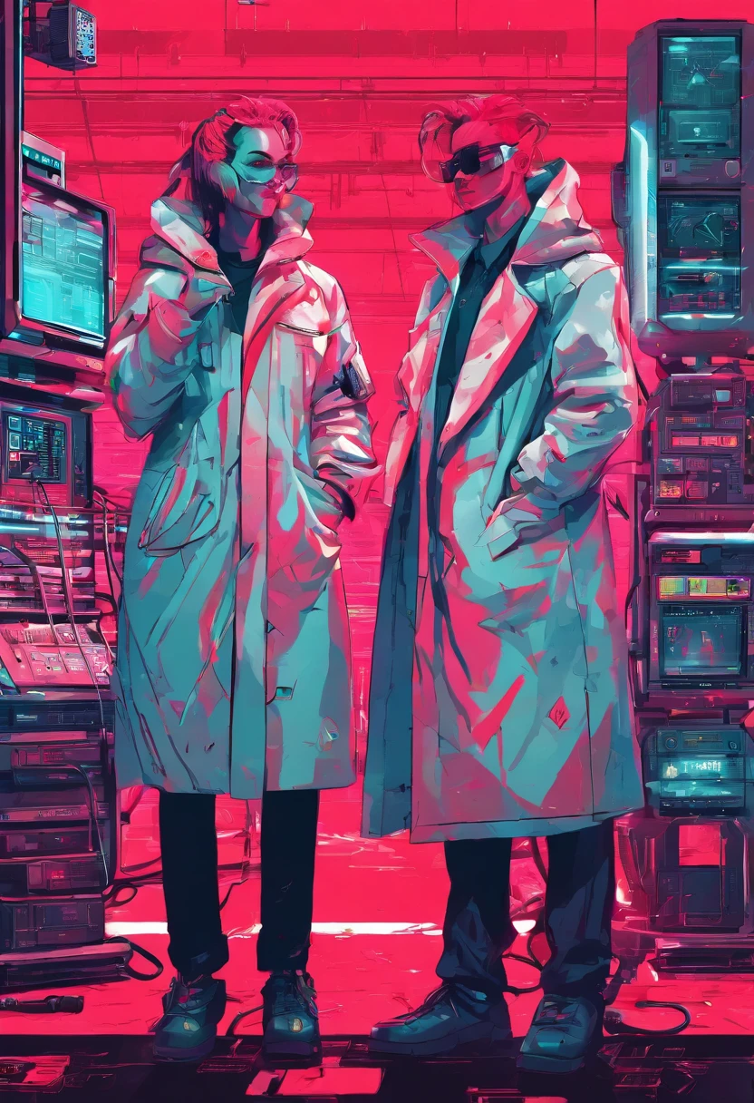 Scientists in science coats turn their backs to us,looking at the stars,hard core,Technologie,Red monochrome,USSR Poster,urss,Communism