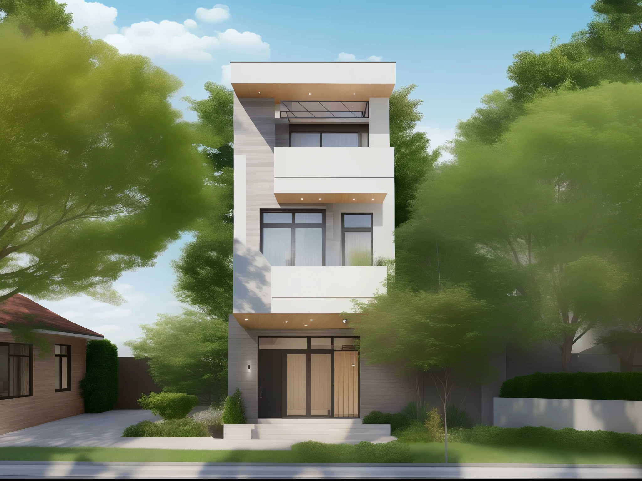 a view of a modern house with a balcony and a balcony, exterior design, overall architectural design, concept house, complete house, contemporary house, modern house, frontview, realistic architecture, front elevation view, residential design, inter dimensional villa, vivid and detailed, urban house, wide angle exterior 2022, complex and detailed, realistic concept, residential