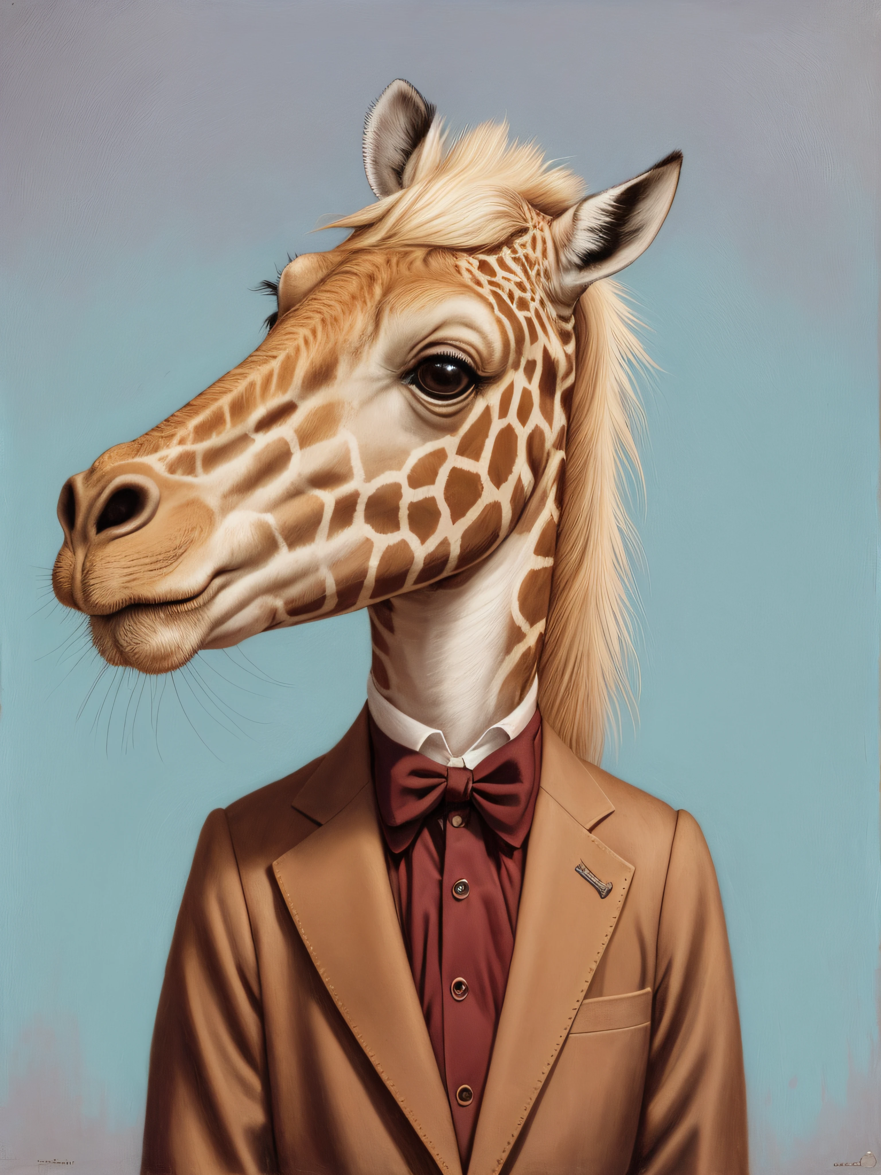 Pintura de una girafa con esmoquin y pajarita, horse head animal merge, anthropomorphic giraffe,, Estilo Mark Ryden, Mark Ryden muy detallado, Mark Ryden en el estilo de, Mark Ryden's Estilo, Beautiful anthropomorphic giraffe, por Mark Ryden, Surrealismo pop lowbrow