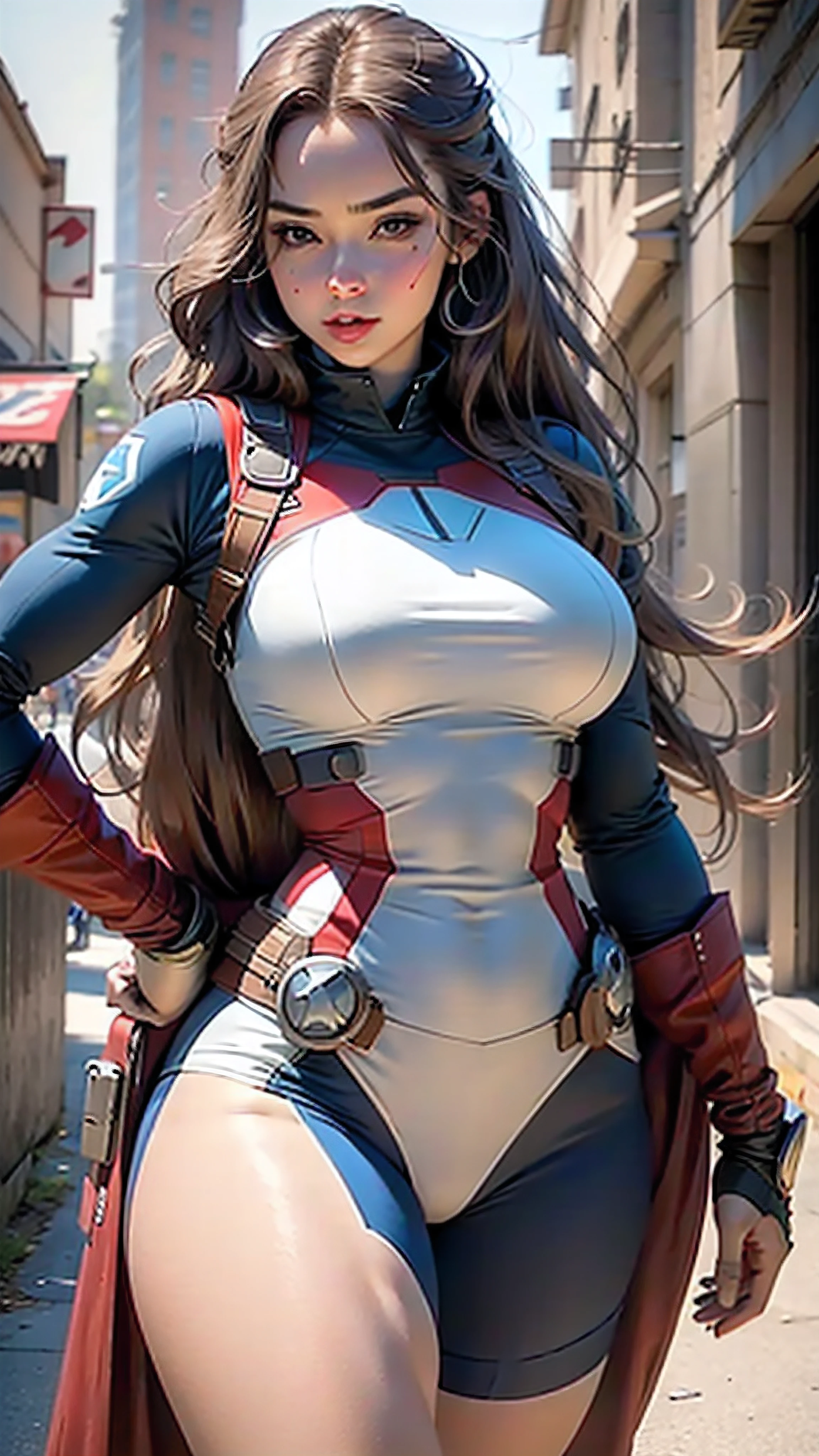 Captain America wearing a skimpy Captain America suit, beautiful girl, nsfw, thick thighs, busty, cleavage, not safe for work, nipples, perfect vagina, trimmed pussy hair, thick pubic hair, dark inspired makeup, able to see nipples & pussy through clothing, new york city alley background, nighttime, oiled & wet skin, raining weather, shooting a handgun