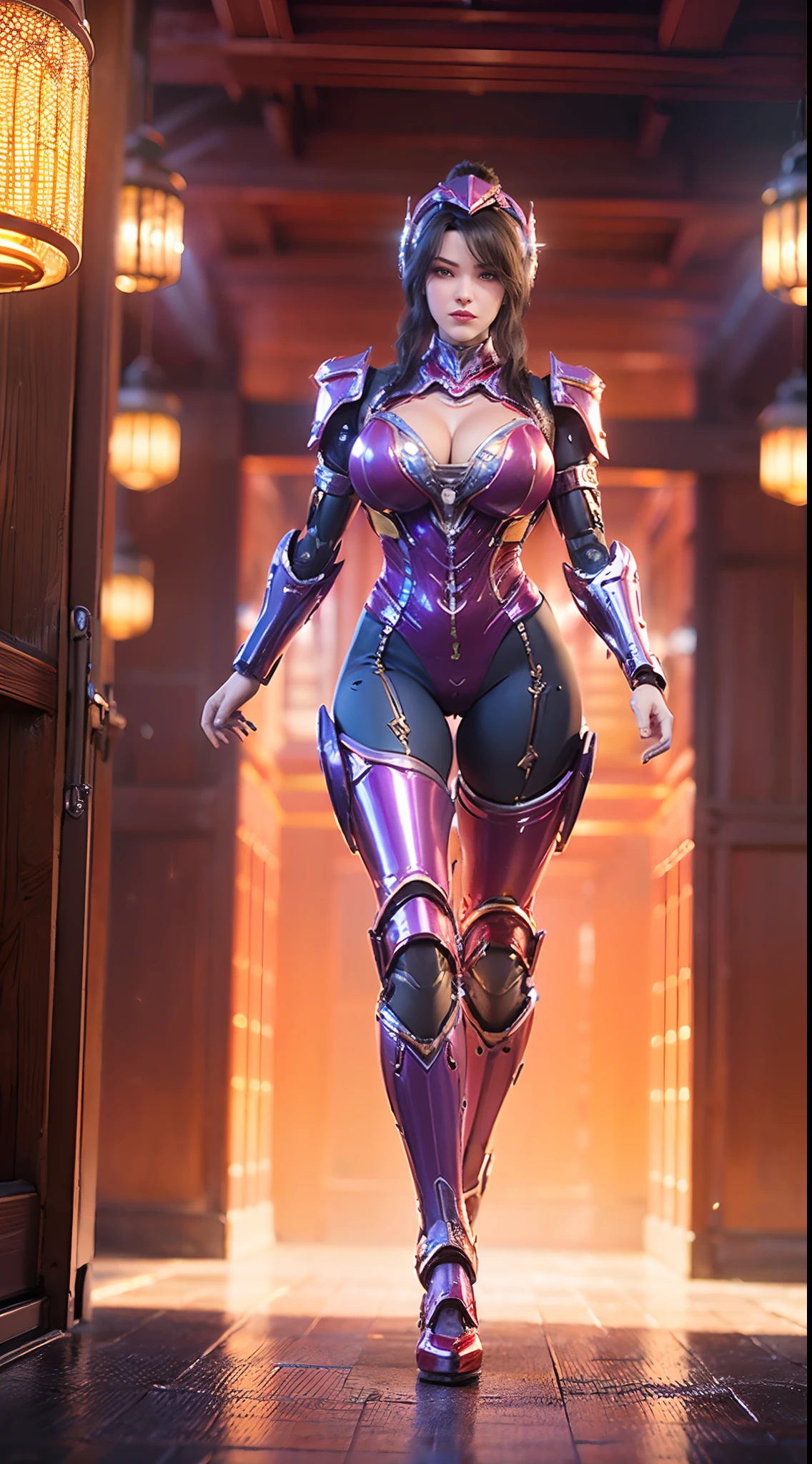 (1GIRL, ALONE, SOLO), (super detailed face), (black ponytail long hair: 0.8), ((Phoenix Headwear)), (BIG BUTTOCKS, 11 LINE ABS, CLEAVAGE, HUGE FAKE BREASTS:1.5), (GOLD MECHA GUARD ARM:1.3), (RED SHINY MECHA CYBER ARMORED, PURPLE MECHA SKINTIGHT SUIT PANTS, MECHA GUARD ARMOR LEGS, HIGH HEELS:1.5), (THICC MUSCULAR FEMALE BODY, GLOWING SKIN, LONG LEGS:1.1), (LOOKING AT VIEWER:1.3), (female focus:0.886), (WALKING DOWN HALLWAY OF FUTURISTIC SPACE STATION:1), (BRIGHT LIGHT ROOM:1.5), SUPER TEXTURE, UNREAL ENGINE RENDER, PHYSICALLY-BASED RENDERING, ULTRA HIGHT DEFINITION, 16K, 1080P.