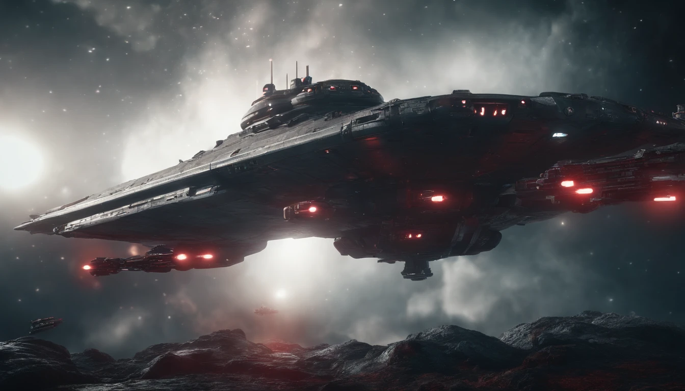 Space Battleship, Long and sleek, No Flying Saucers, Gun Metal Grey and distressed red coloring, large guns, orbiting a ringed planet