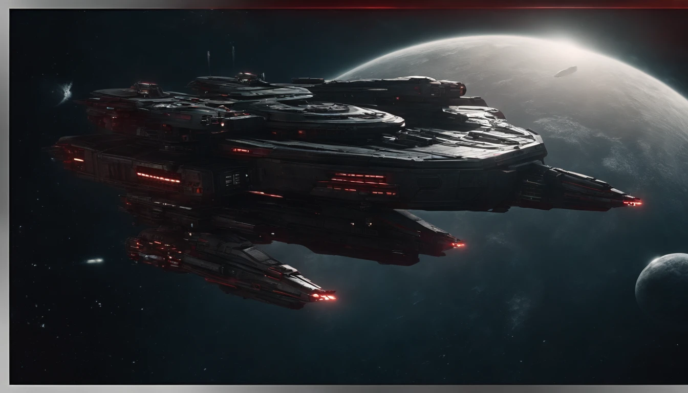 Space Battleship, Long and sleek, No Flying Saucers, Gun Metal Grey and distressed red coloring, large guns, orbiting a ringed planet