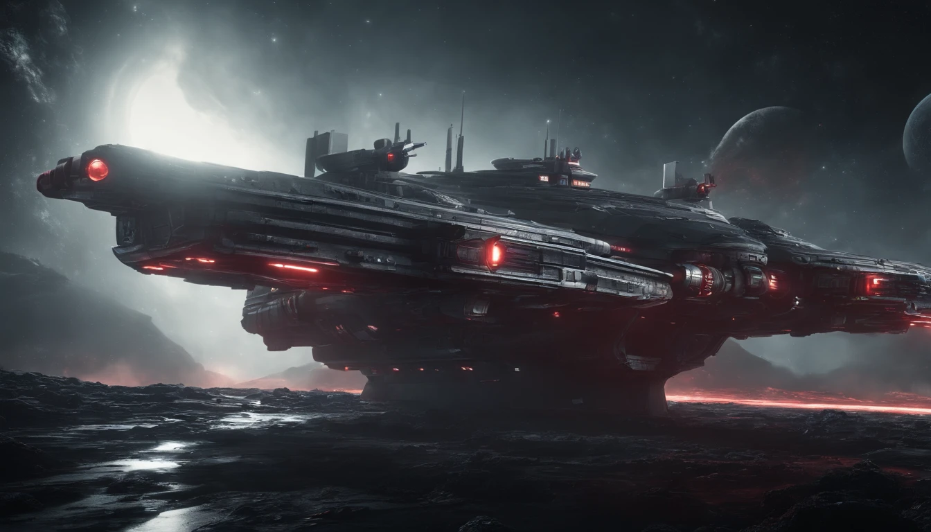 Space Battleship, Long and sleek, No Flying Saucers, Gun Metal Grey and distressed red coloring, large guns, orbiting a ringed planet