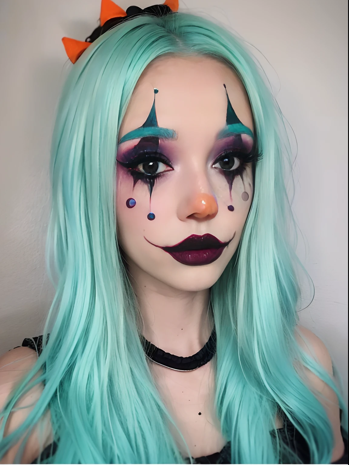 (photo: 1.3) af (realistic: 1.3),Halloween Makeup,a woman with a bluegreen hair who is dressed up as a clown, in the style of dark beige and dark aquamarine, dollcore, dark black and orange, detailed facial features, solapunk, light turquoise and light black, wavy