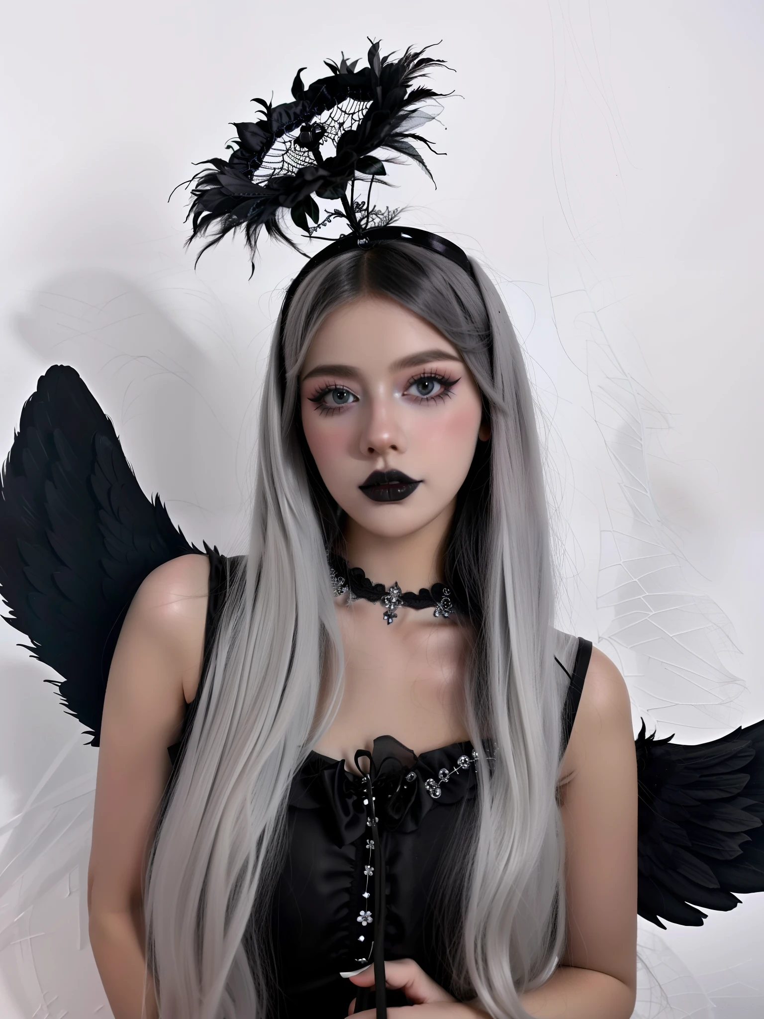 HighestQuali，tmasterpiece：1.2，Detailed details，1 Gothic girl，black lips，an angel dressed in black on a white background, in the style of cluj school, flowerpunk, halloween, social media portraiture, high quality photo, quito school, honeycor，