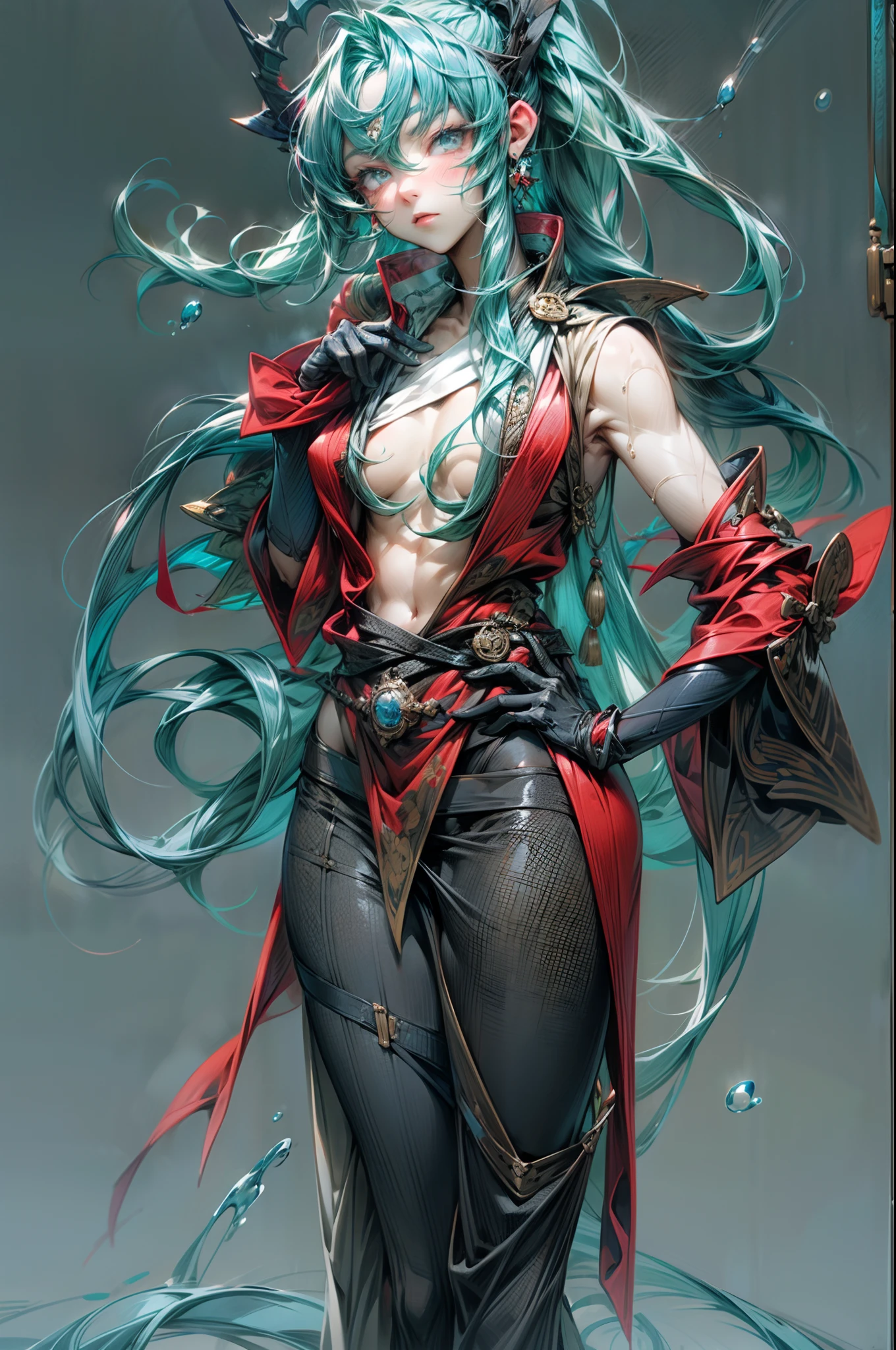 liquid thong,  female focus, gloves, 1girl,solo, long hair, blue hair, earrings, jewelry, simple background, black gloves, water, ponytail, low ponytail, grey background, extremely handsome male, (naked body), wearing micro black tiny g-string, mage long red robes, single earring,  bangs,  liquid hair,  sky print,