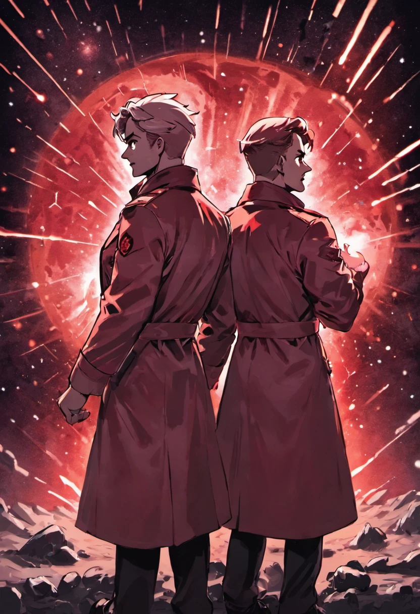 Scientists in science coats turn their backs to us，looking at the stars，hard core，Technologie，Red monochrome,USSR Poster,urss,Communism