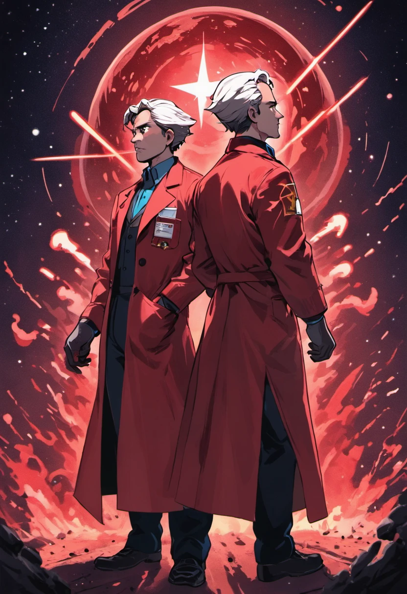 Scientists in science coats turn their backs to us,looking at the stars,hard core,Technologie,Red monochrome,USSR Poster,urss,Communism