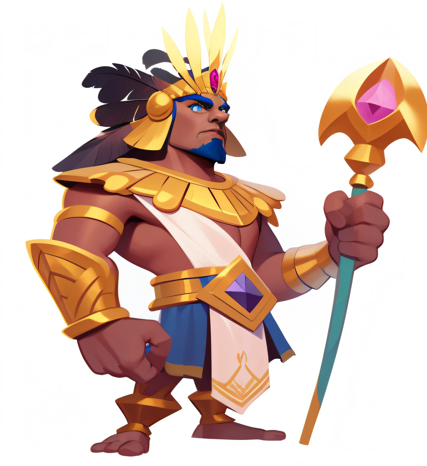 Clash Royale style,Cartoon image of a man with a scepter,metals,gold, Pedras preciosas,legendary god holding spear, Feather tiara decoration, God of Egypt, Portrait of a shaman, warrior character design, hero character art, concept art of a warrior, character design contest winner
