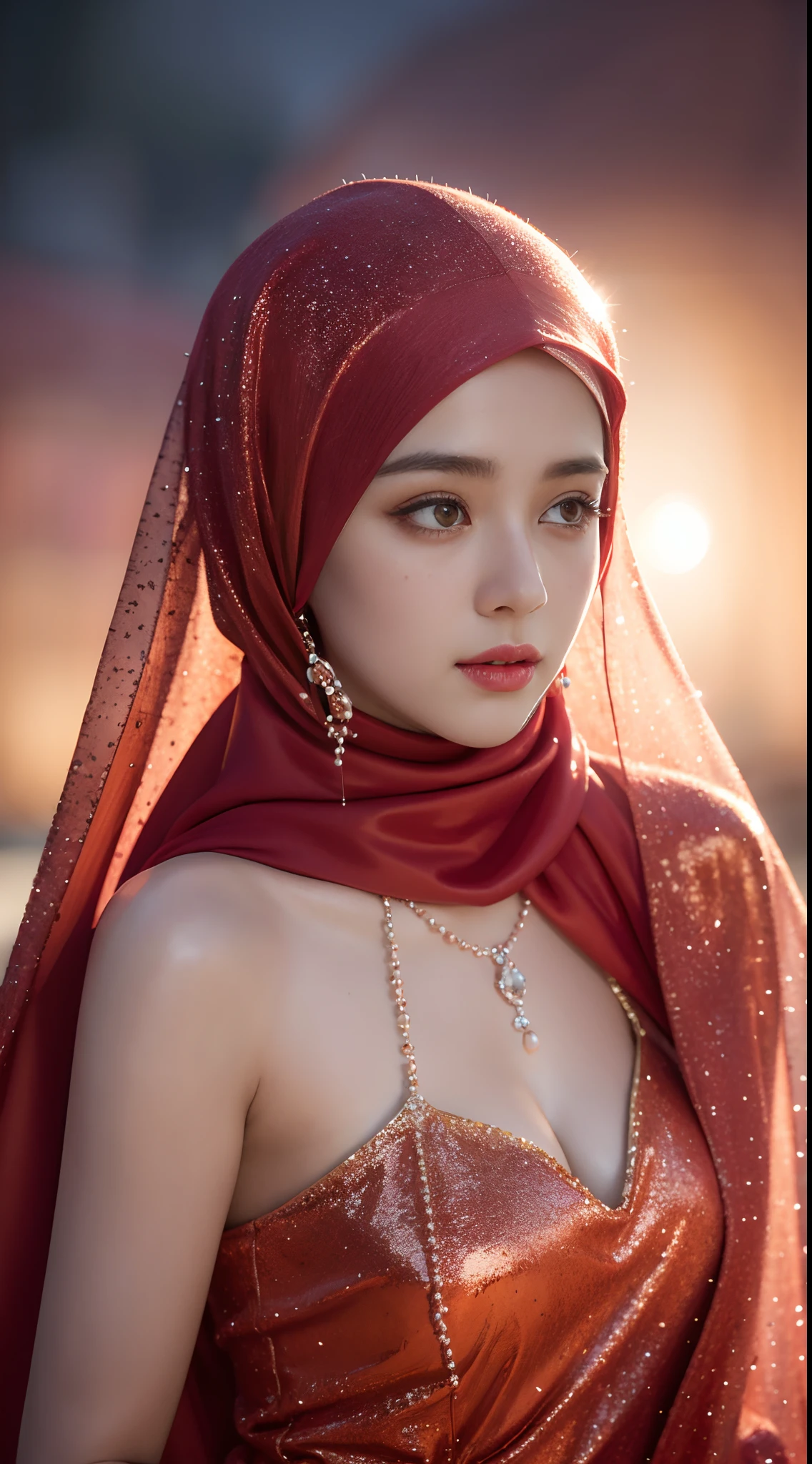 Dilraba Dilmurat, face veil, hijab, jilbab, muslim face mask, mouth veil, freckles, eyes mascara, blazing crimson red hair, masterpiece, best quality, photorealistic, long pointy elf ears, glowing sparkly skin, soft lighting, voluptous, cleavage, windy desert, blowing swirling sand grains, sunny backlighting, bloom, light sparkles, sharp focus, colorful crimson liquid gel rain, close up, fashion designer, respledent tiny pearls necklace, haloween pumpkin theme background, baroque