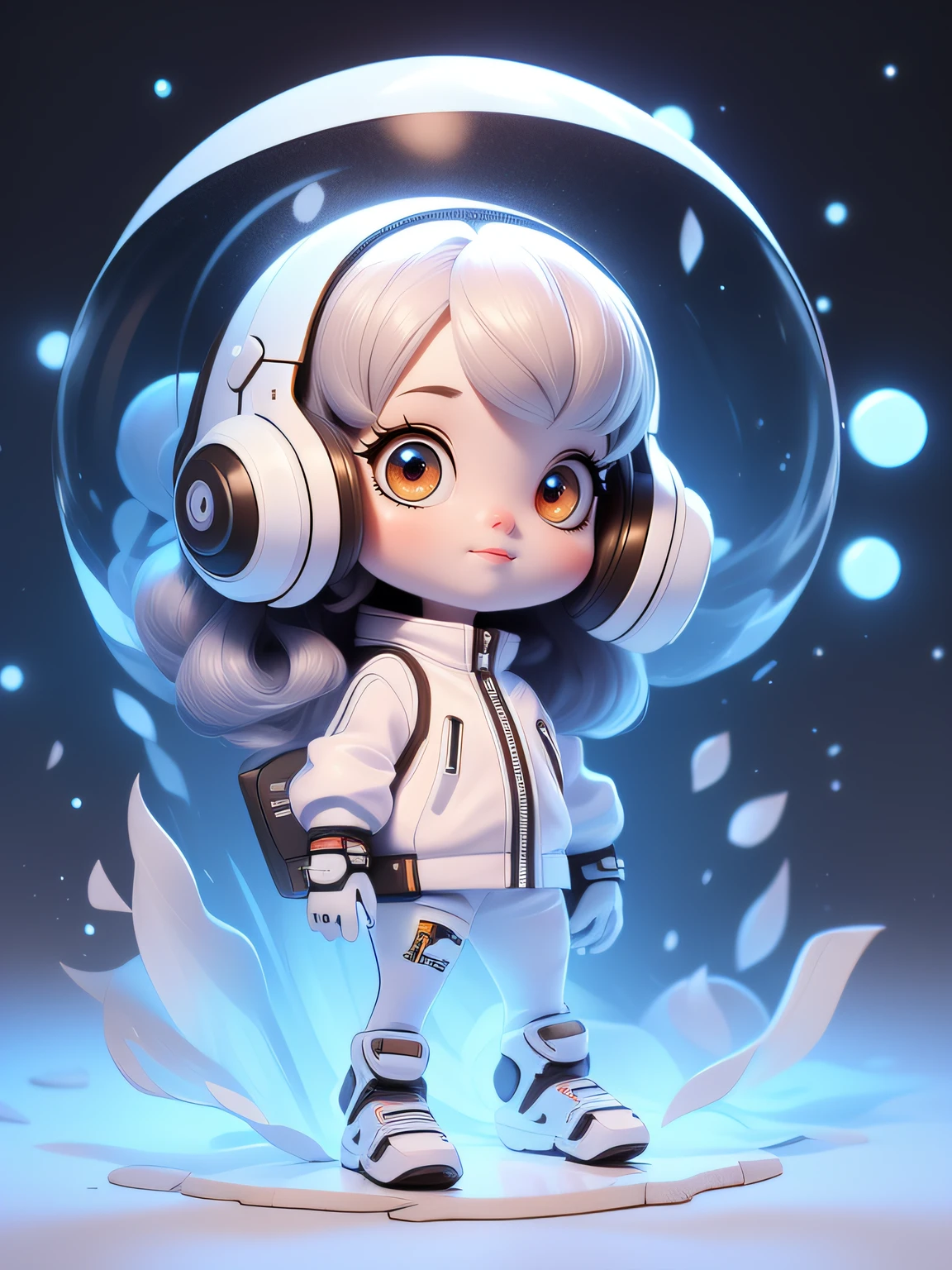 fully body photo,Beautiful female alien,Small and cute,Wearing a black and white mech ,Big cute eyes,dreamy glow,Ren,White background,globalillumination,Ray traching,hdr,The rendering is not realistic,reasonable design,high detal,tmasterpiece,Best quality at best,hyper HD,cinmatic lighting),Translucent ethereal aliens