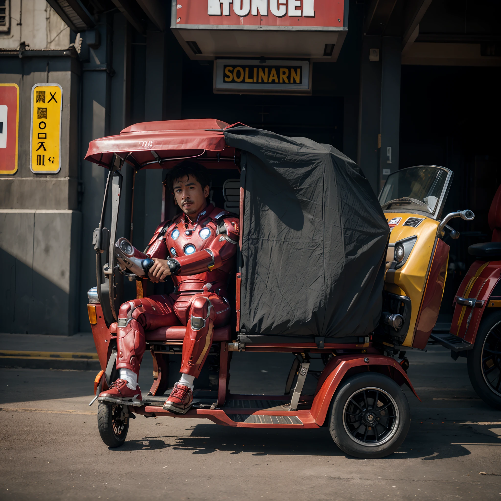 Ironman driving an infonesia rickshaw mecha, ultra detail,8k