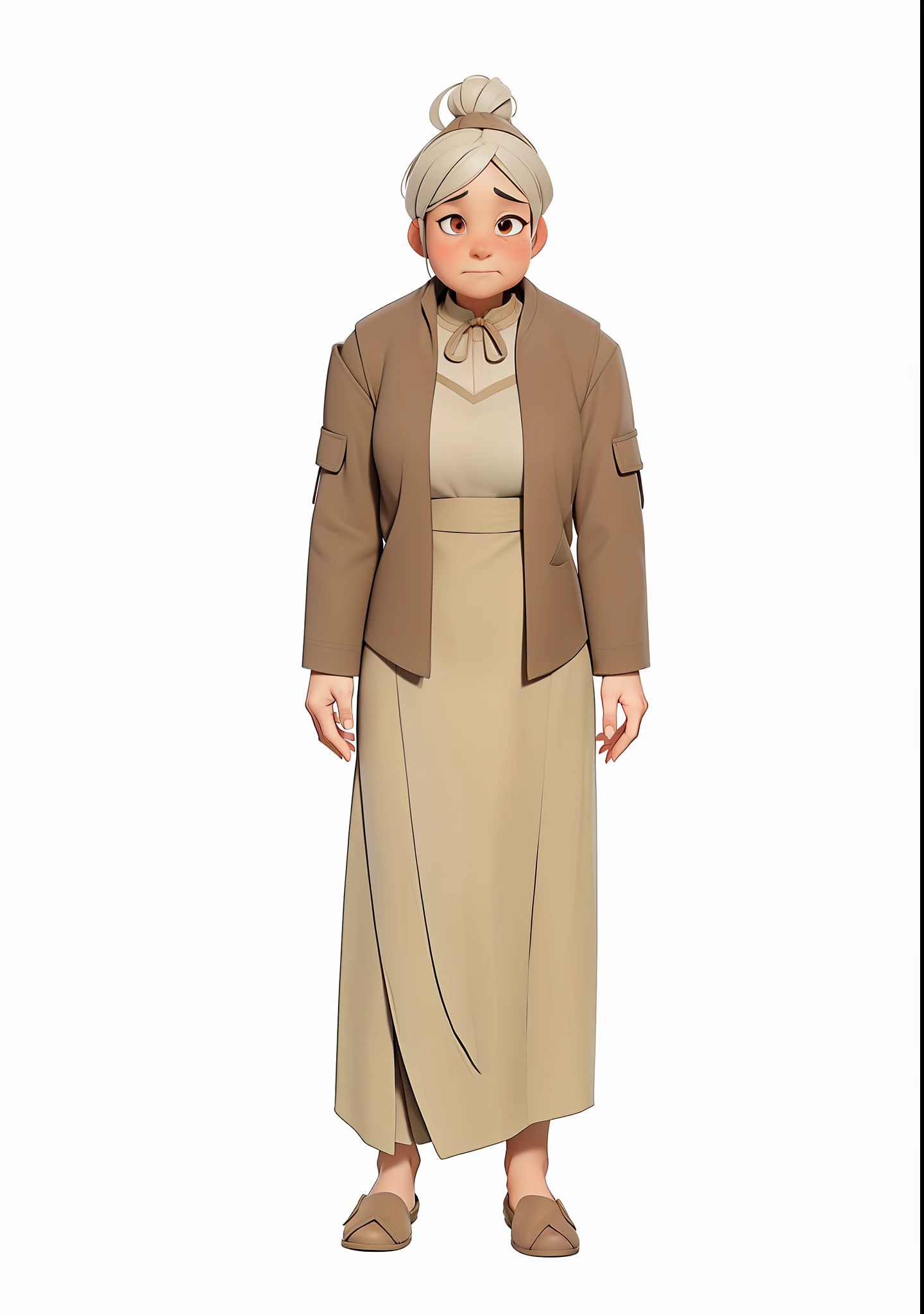 an old woman wearing brown clothes and a brown long-sleeved vest, ((clothes only up to the chest not up to the neck)), hair white and tied, face wrinkled with a tired expression, flat chested, not wearing a jacket, not wearing a tie, not wearing footwear, skinny , render with 3d style, octane render, 3d cartoon, with ancient style, slave clothing style, medieval clothing style, white background, no shoes,
