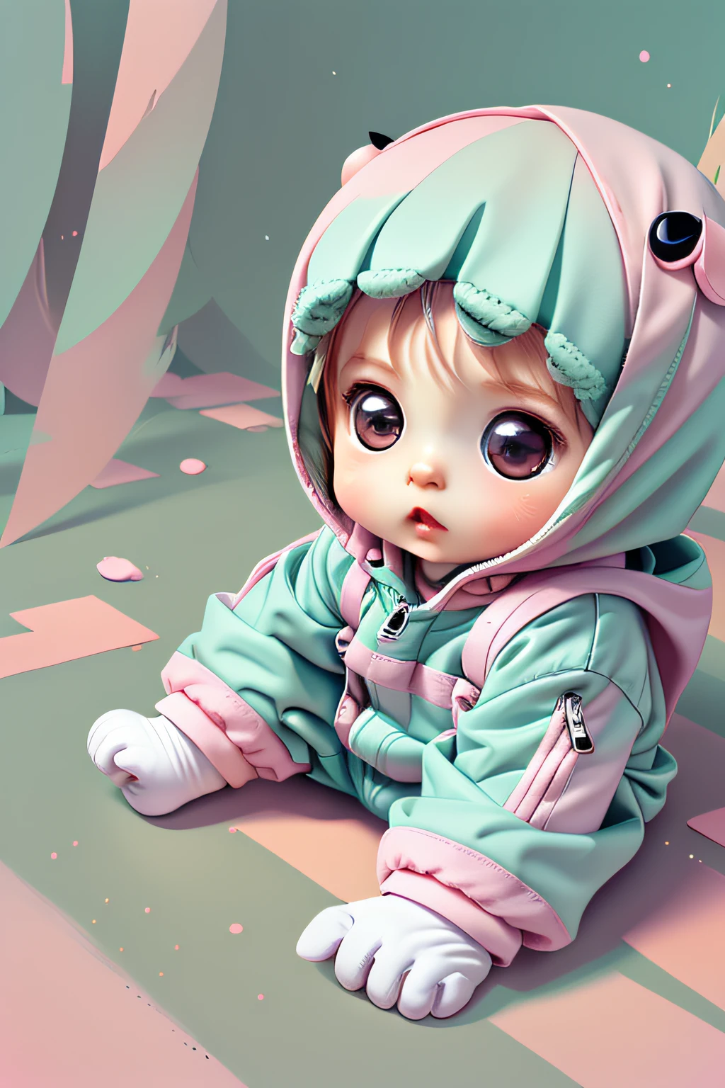 white,totally white,pastel colors,hachures,chibi style, 1 cute little baby boy with techwear clothes, papercute background